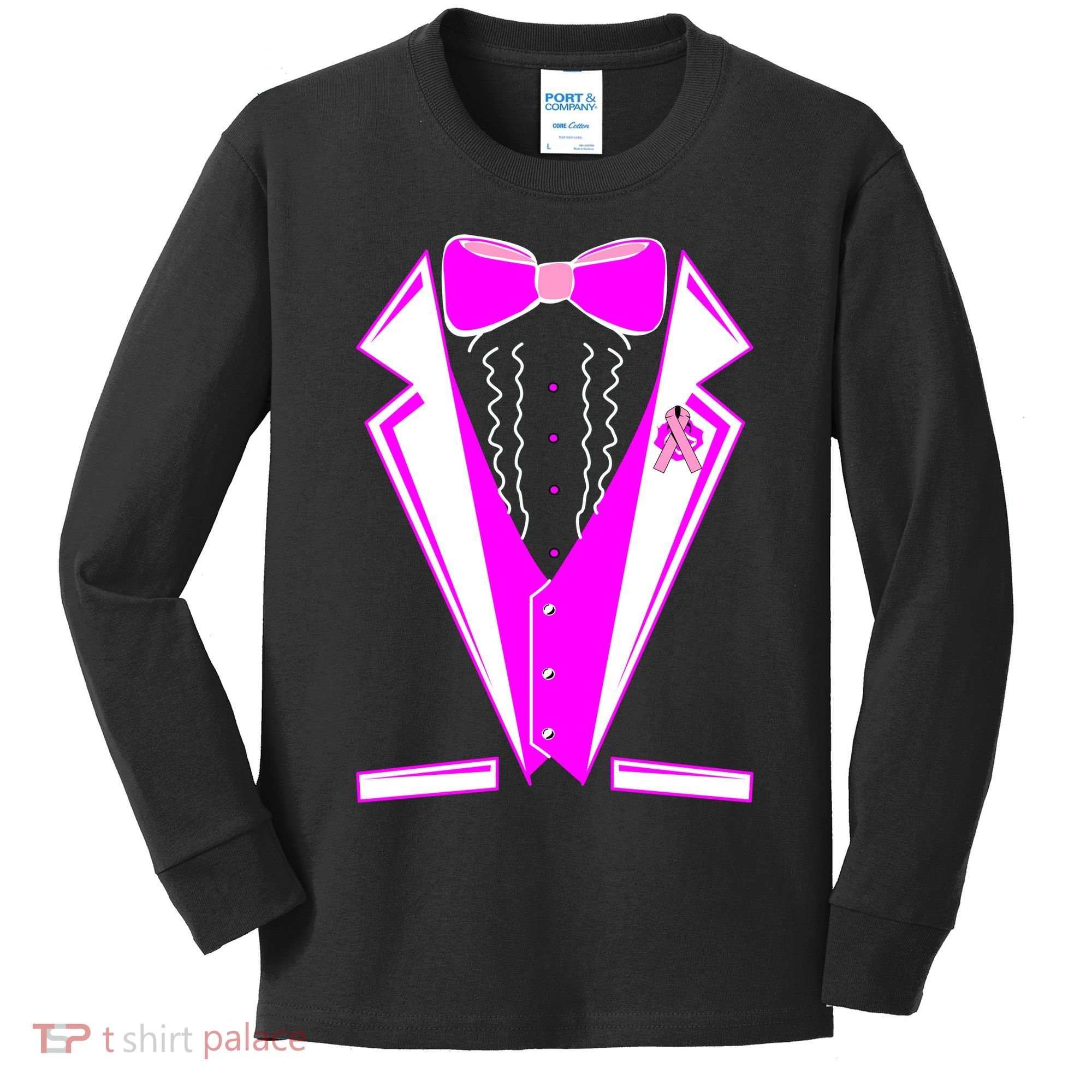Pink Breast Cancer Tuxedo Kids Long Sleeve Shirt