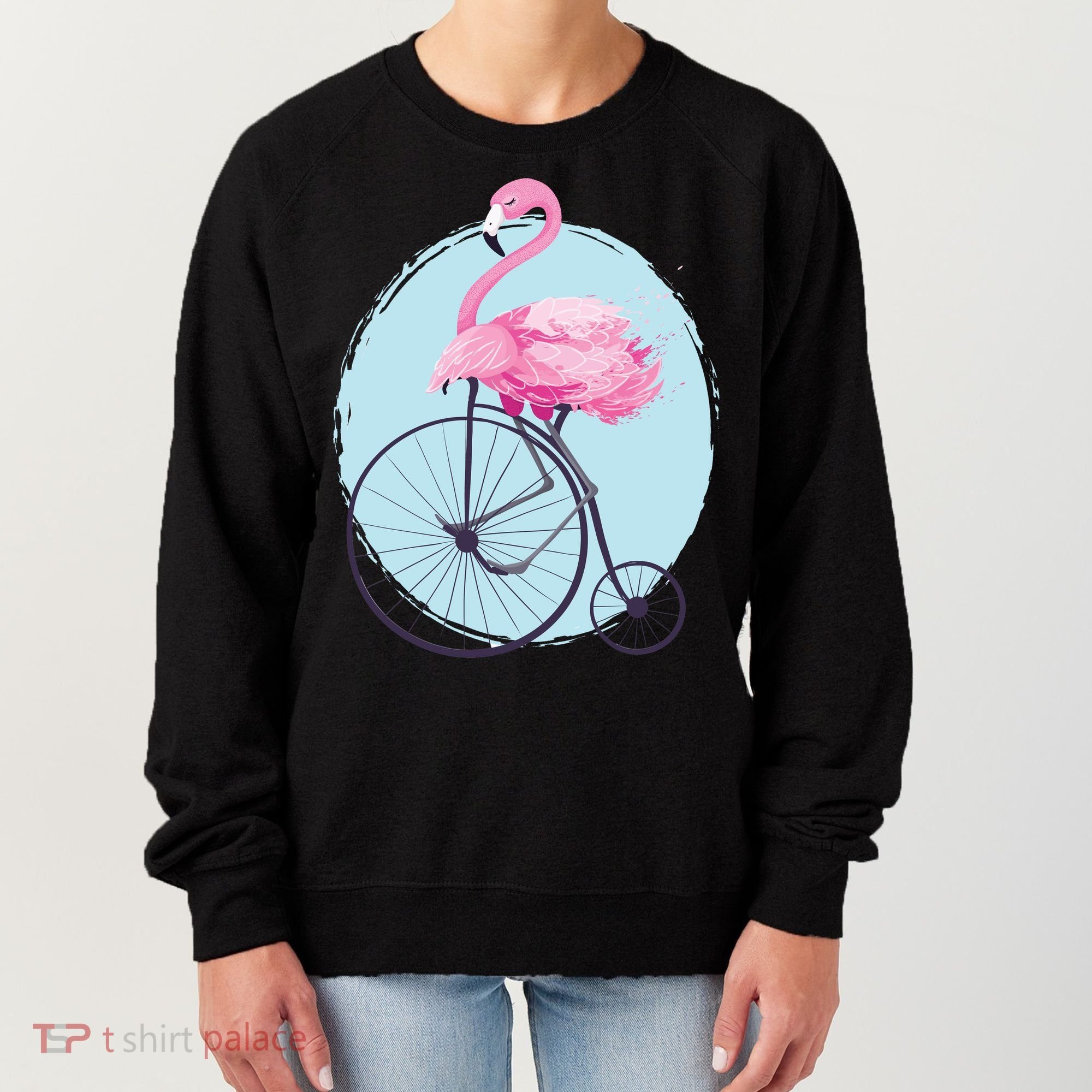 Pink Flamingo On Tall Bicycle Retro Women's Sweatshirt