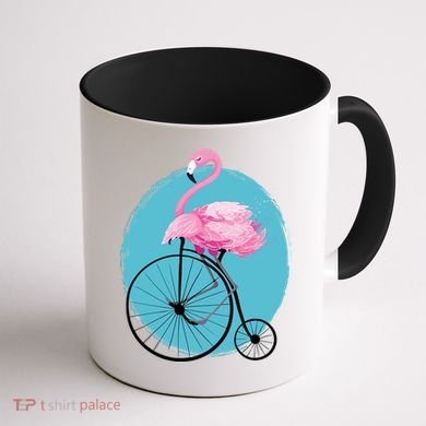 Pink Flamingo On Tall Bicycle Retro Coffee Mug back
