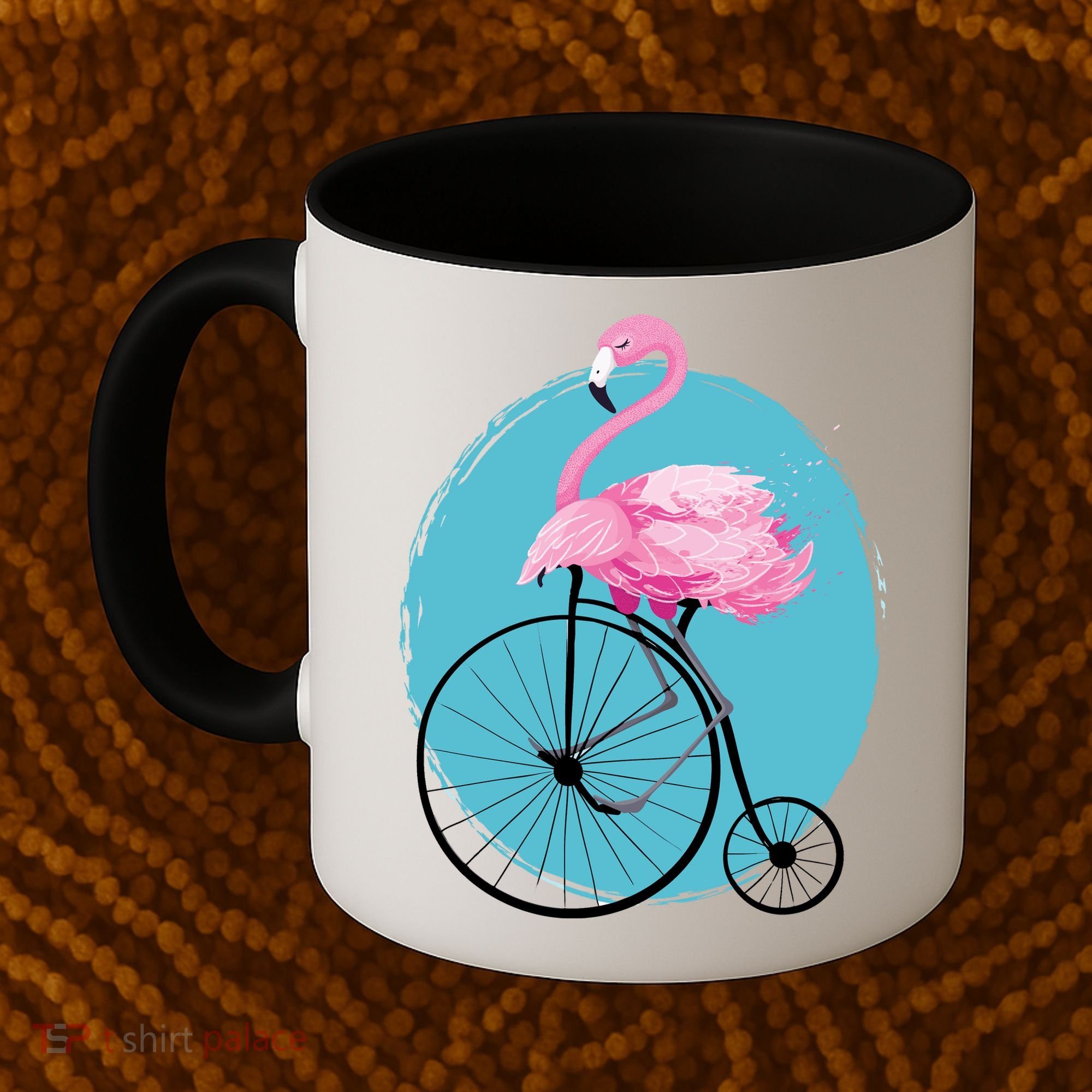 Pink Flamingo On Tall Bicycle Retro Coffee Mug