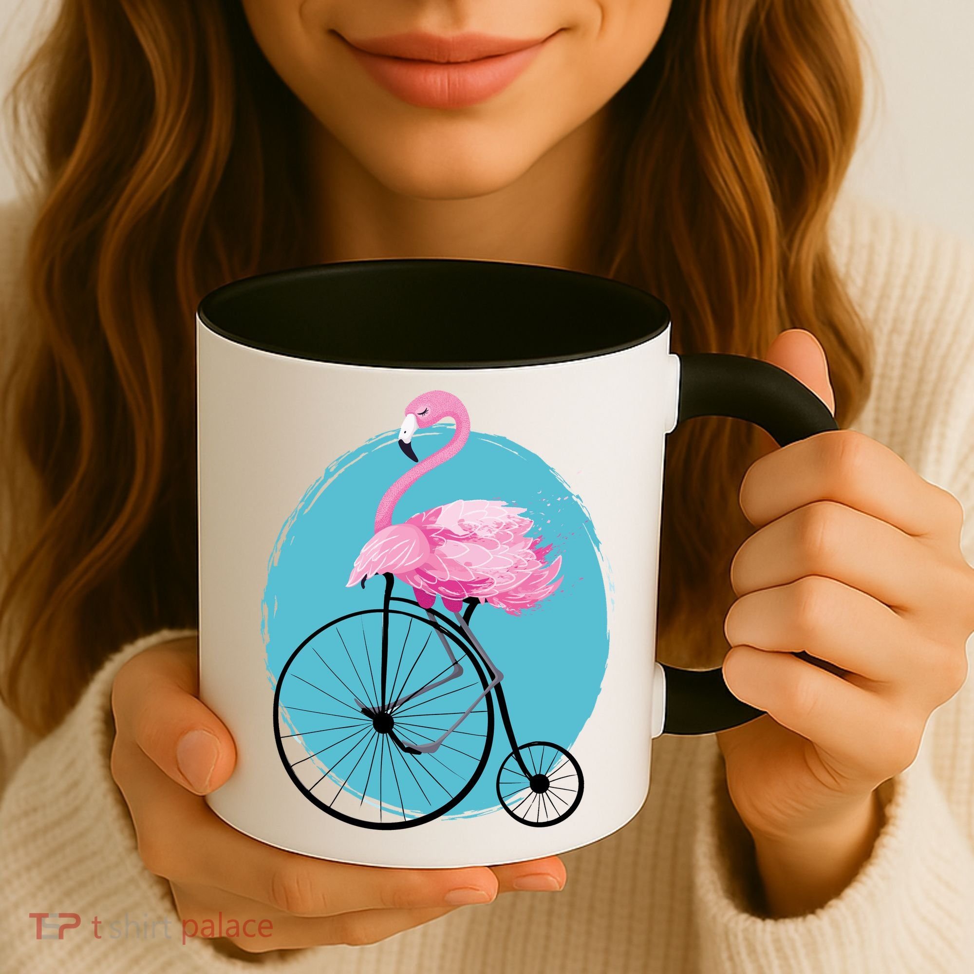 Pink Flamingo On Tall Bicycle Retro Coffee Mug