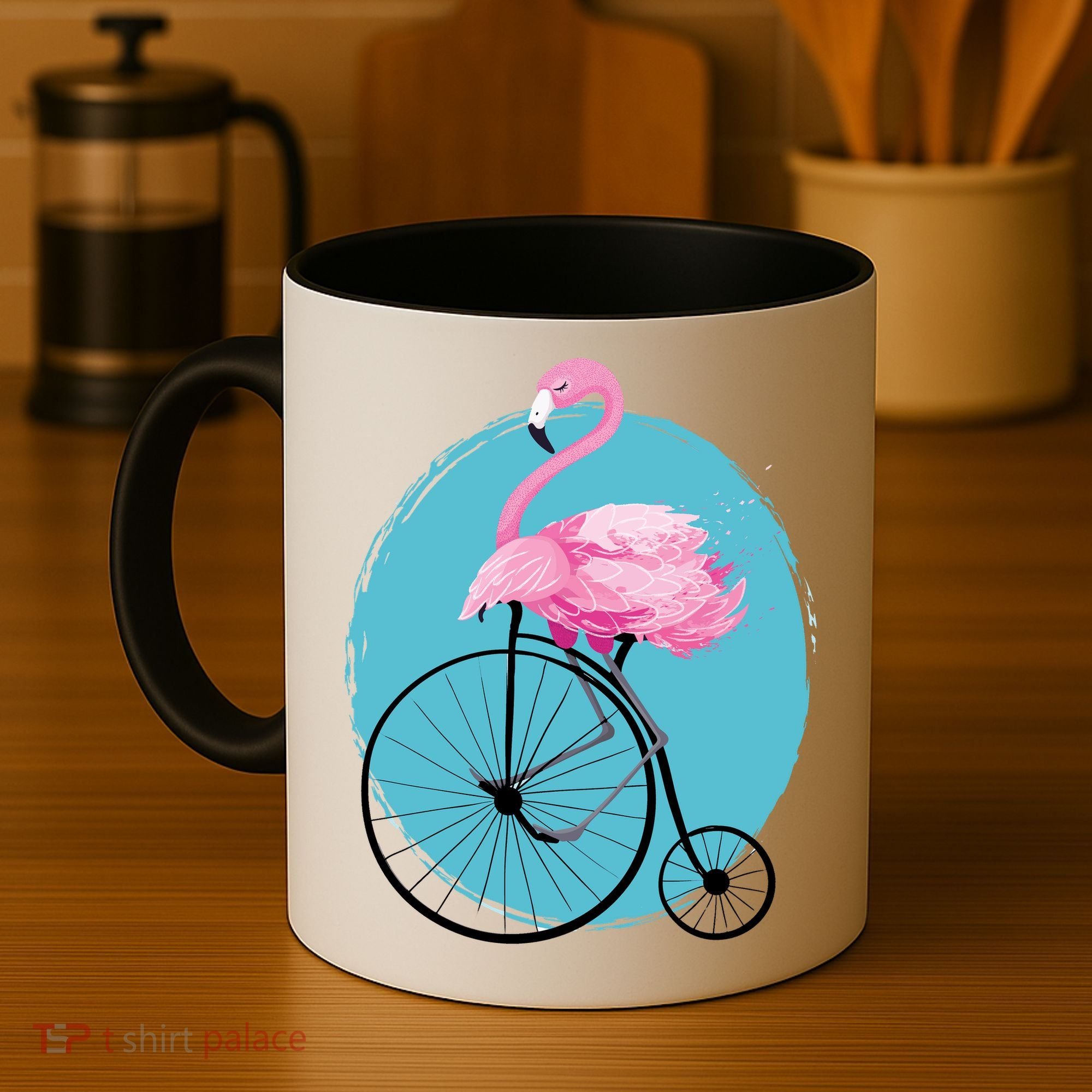 Pink Flamingo On Tall Bicycle Retro Coffee Mug