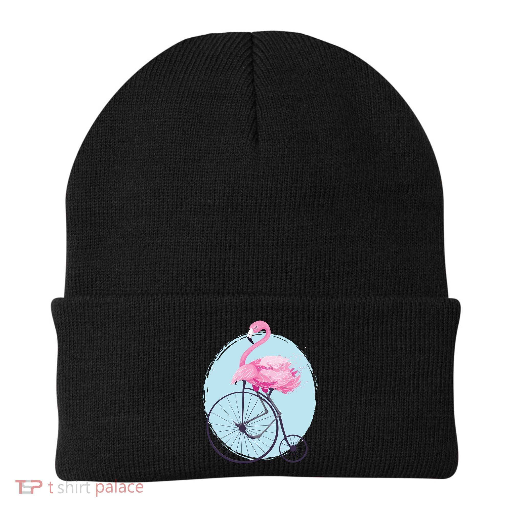 Pink Flamingo On Tall Bicycle Retro Beanie