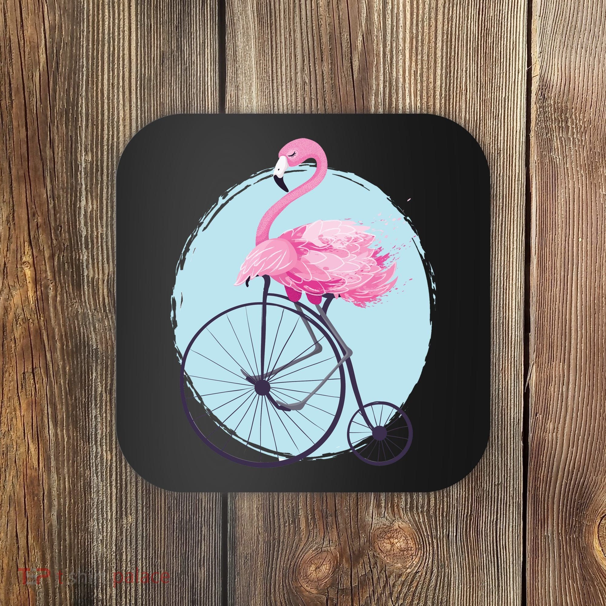 Pink Flamingo On Tall Bicycle Retro Coaster