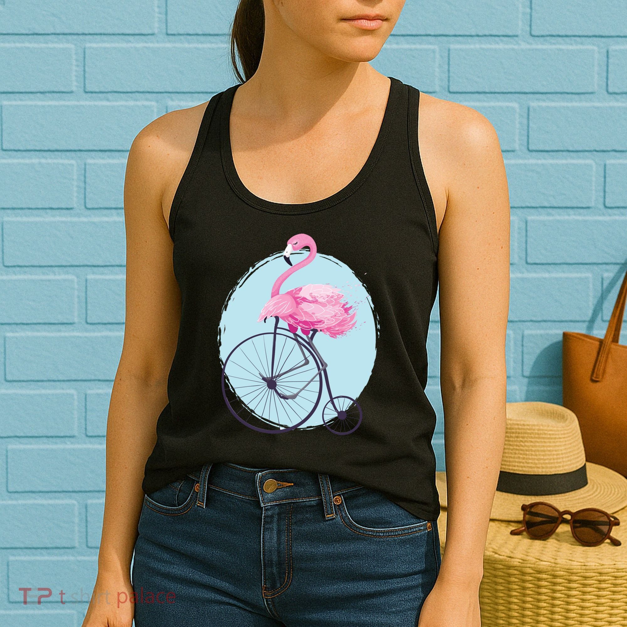 Pink Flamingo On Tall Bicycle Retro Women's Tank Top