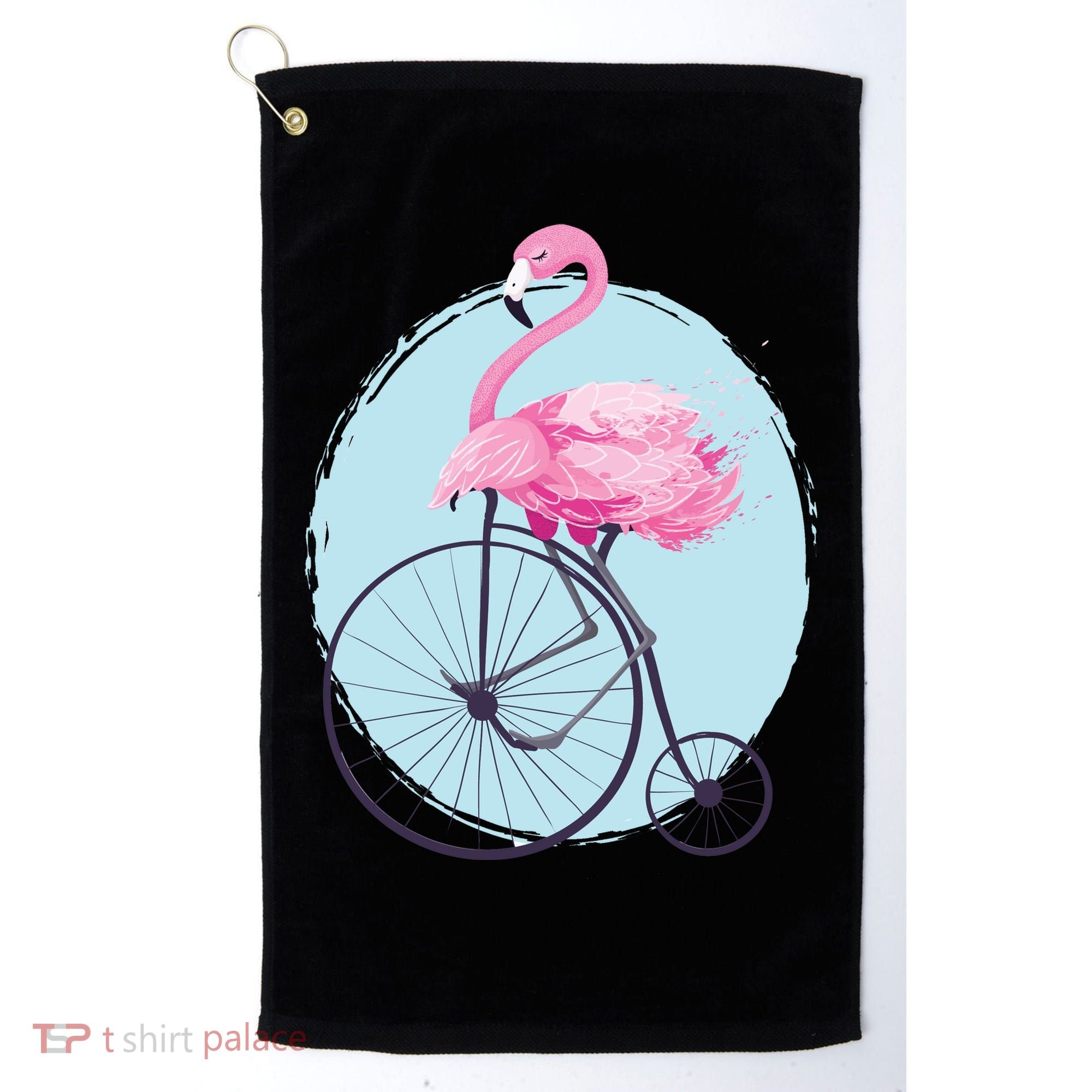 Pink Flamingo On Tall Bicycle Retro Golf Towel