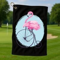 Pink Flamingo On Tall Bicycle Retro Golf Towel thumb 1