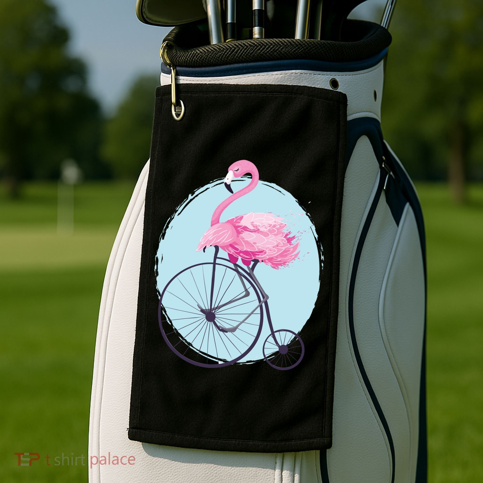 Pink Flamingo On Tall Bicycle Retro Golf Towel