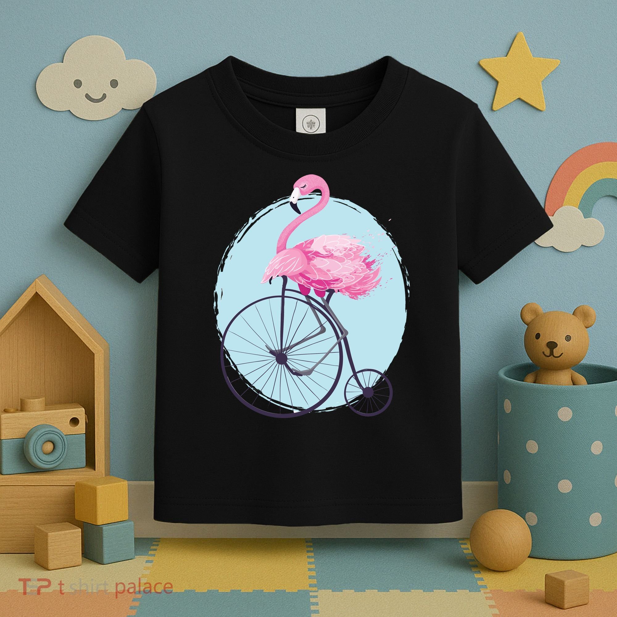 Pink Flamingo On Tall Bicycle Retro Toddler T-Shirt