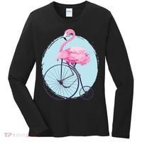 Pink Flamingo On Tall Bicycle Retro Women's Long Sleeve Shirt thumb 0