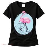 Pink Flamingo On Tall Bicycle Retro Women's T-Shirt thumb 0
