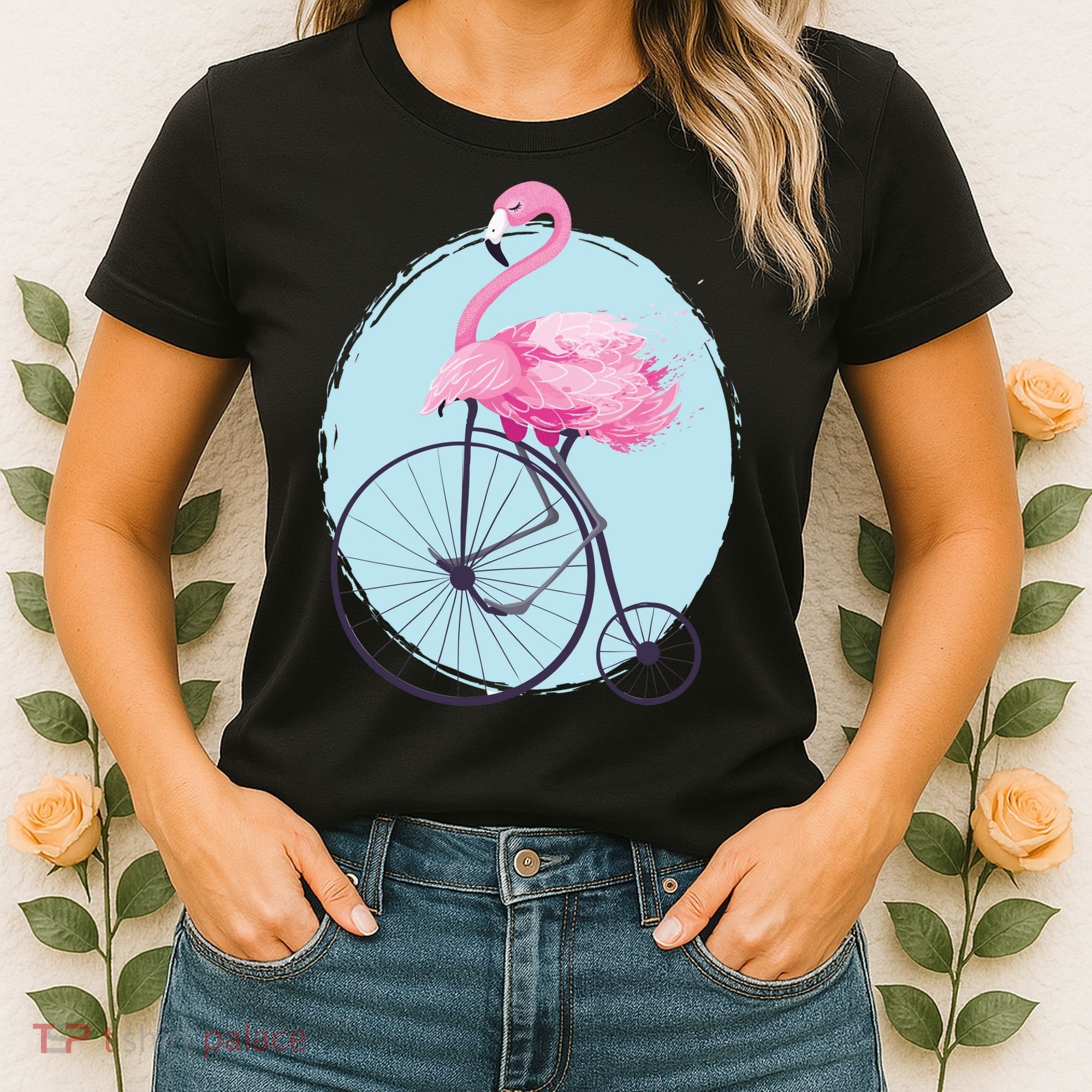 Pink Flamingo On Tall Bicycle Retro Women's T-Shirt