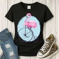 Pink Flamingo On Tall Bicycle Retro Women's T-Shirt thumb 3