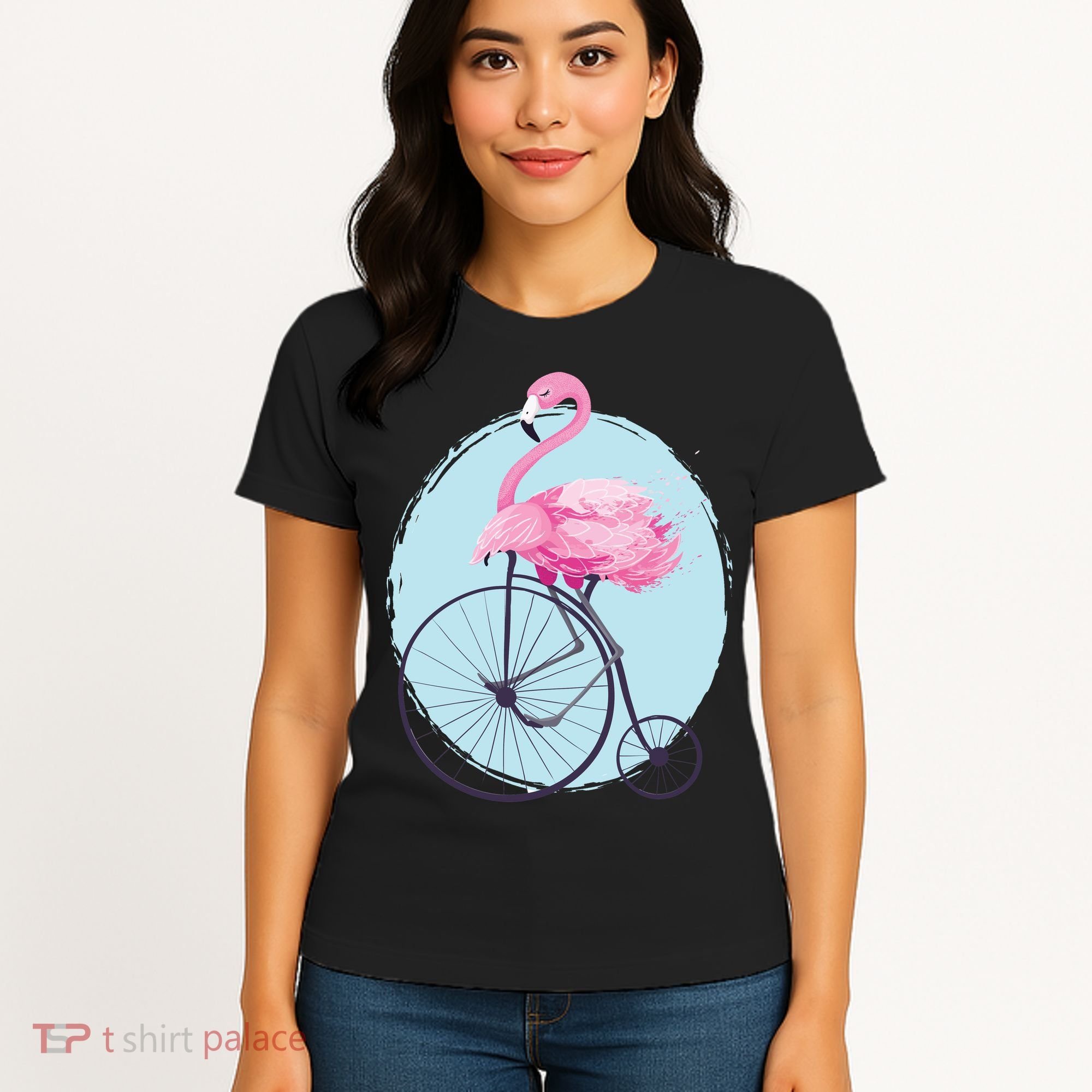Pink Flamingo On Tall Bicycle Retro Women's T-Shirt