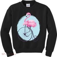 Pink Flamingo On Tall Bicycle Retro Kids Sweatshirt thumb 0