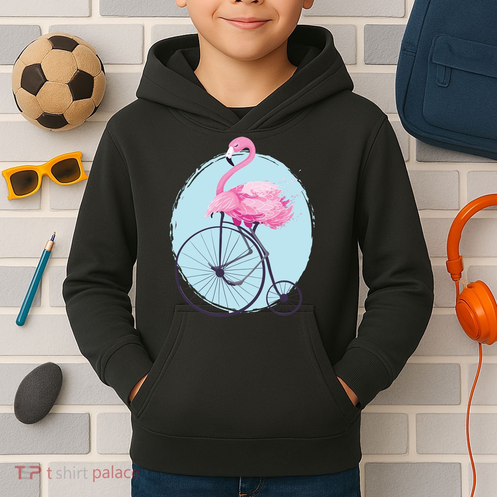Pink Flamingo On Tall Bicycle Retro Kids Hoodie