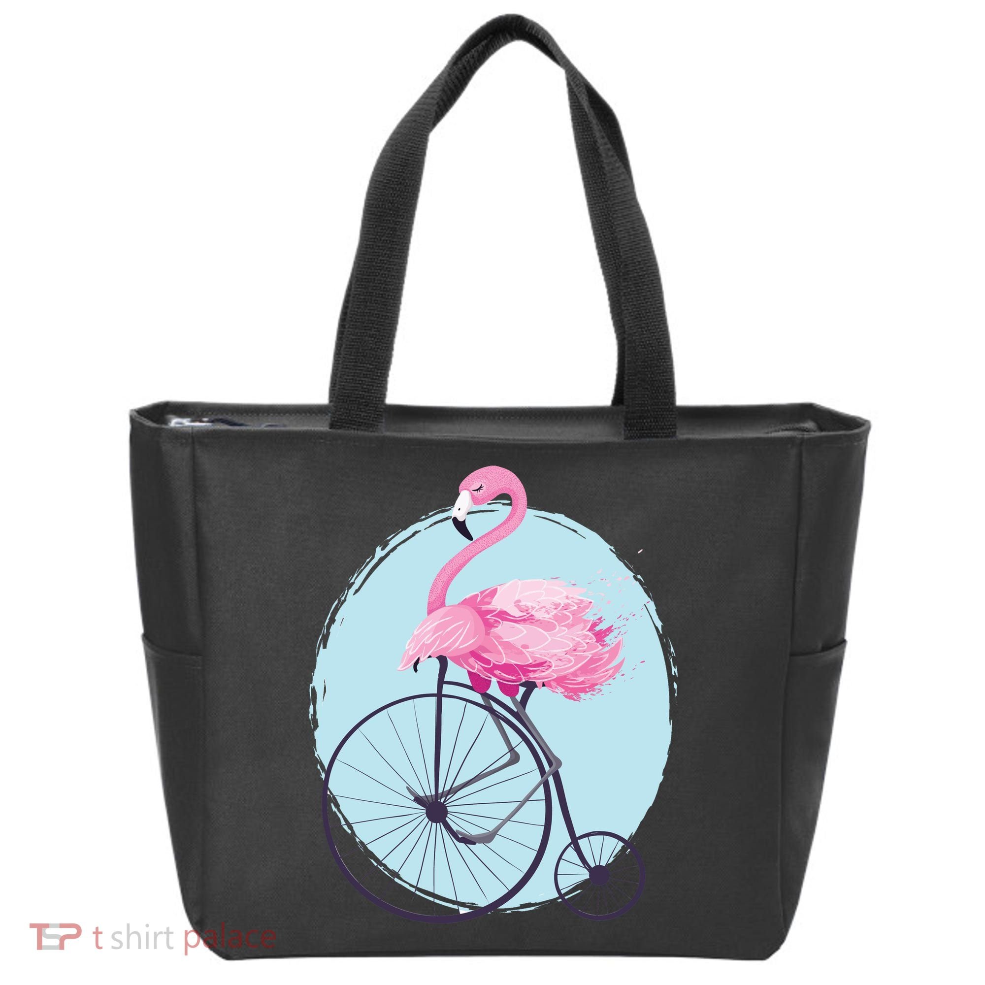 Pink Flamingo On Tall Bicycle Retro Tote Bag