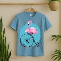 Pink Flamingo On Tall Bicycle Retro T-Shirt thumb 2