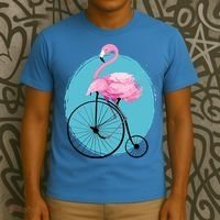 Pink Flamingo On Tall Bicycle Retro T-Shirt thumb 3