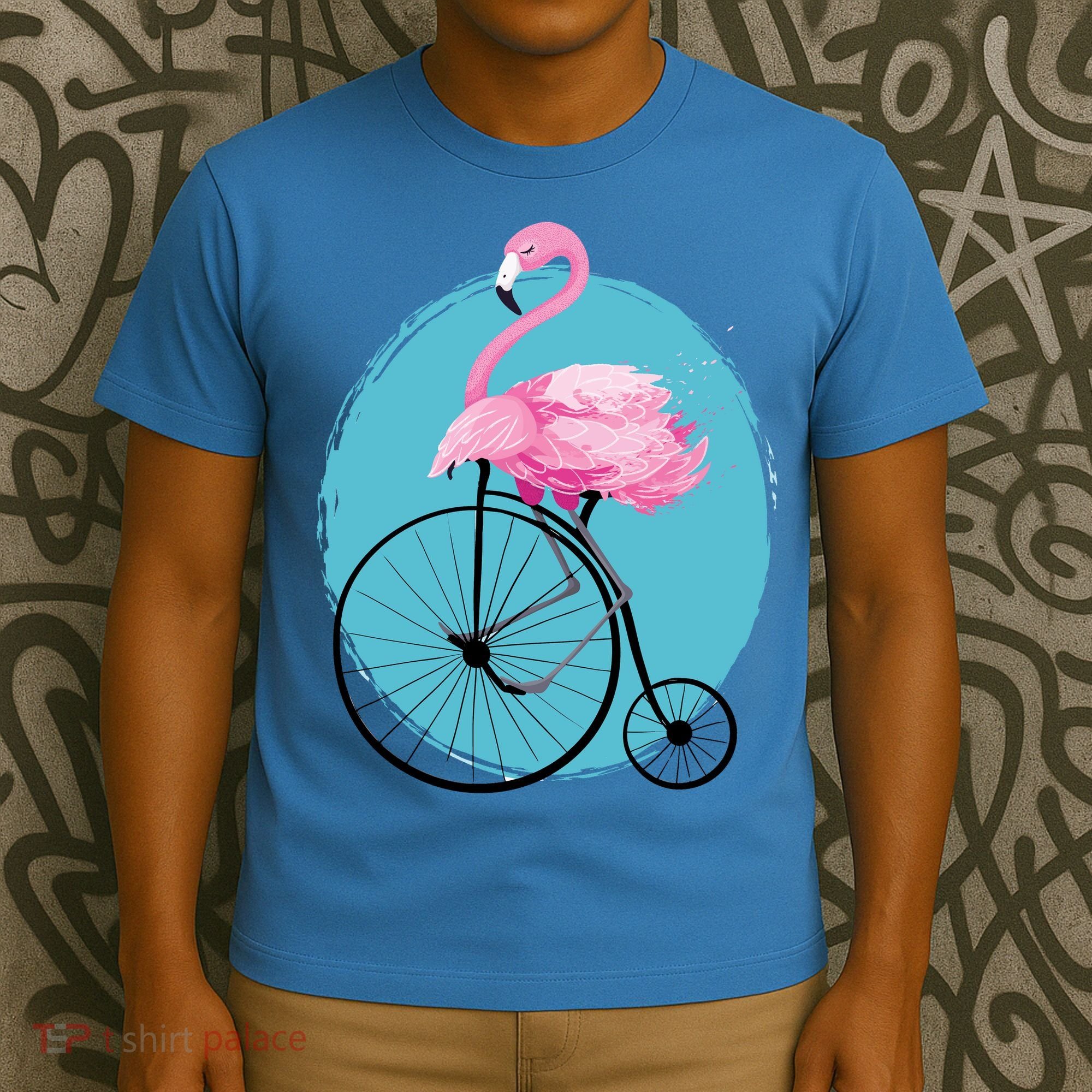 Pink Flamingo On Tall Bicycle Retro T-Shirt