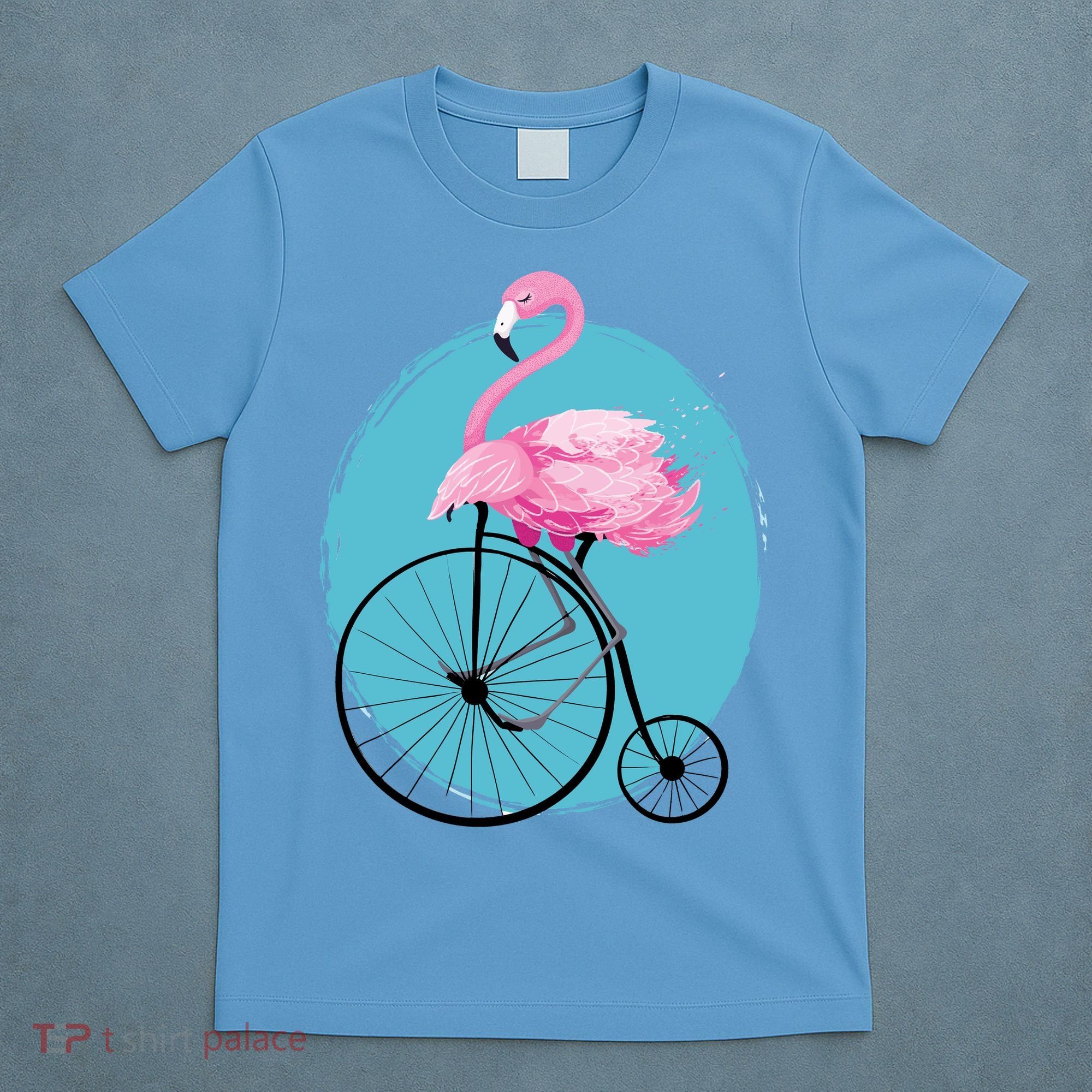Pink Flamingo On Tall Bicycle Retro T-Shirt