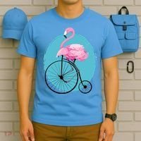 Pink Flamingo On Tall Bicycle Retro T-Shirt thumb 5