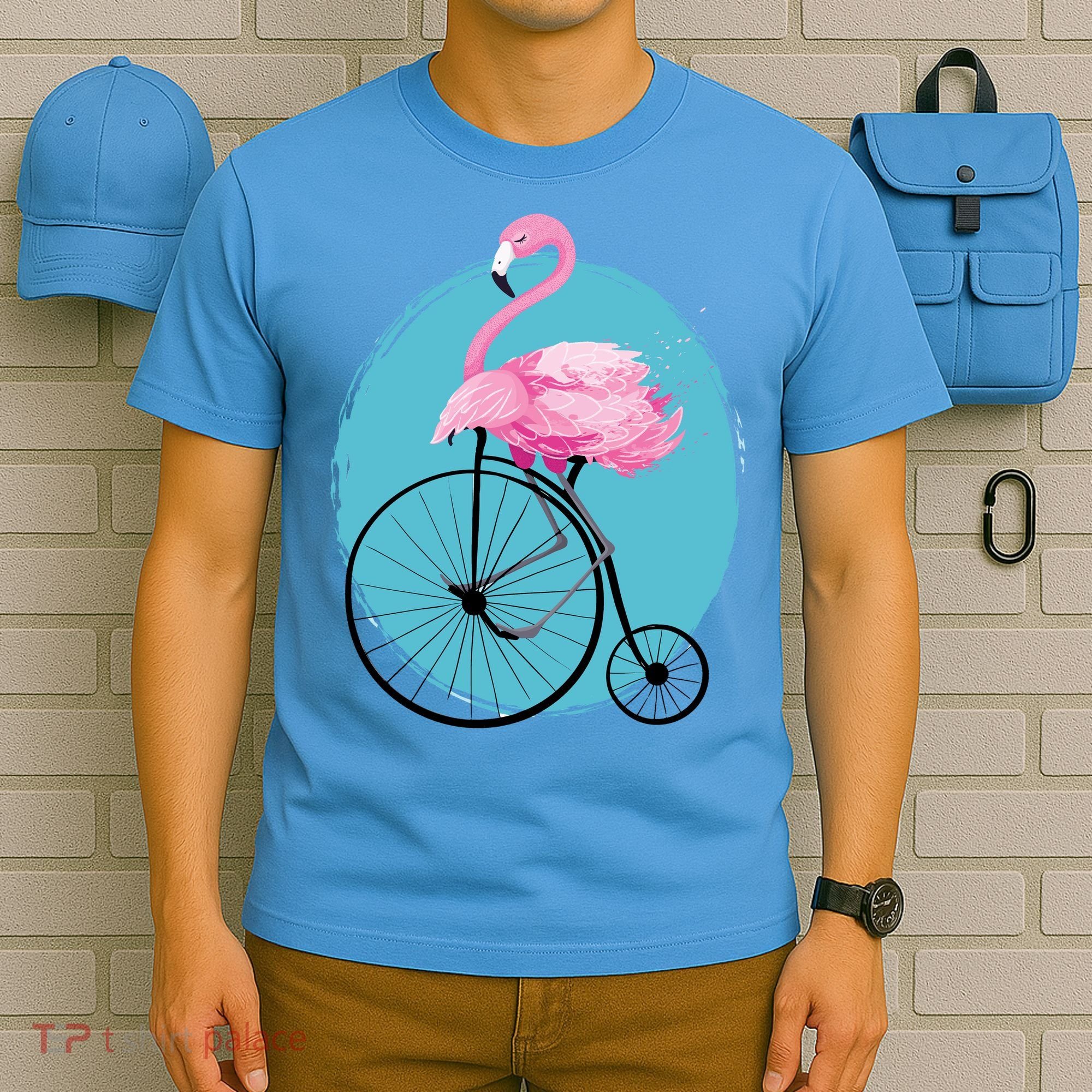 Pink Flamingo On Tall Bicycle Retro T-Shirt