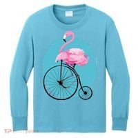 Pink Flamingo On Tall Bicycle Retro Kids Long Sleeve Shirt thumb 0