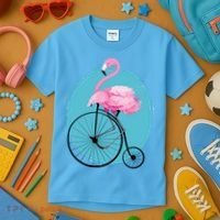 Pink Flamingo On Tall Bicycle Retro Kids T-Shirt thumb 3