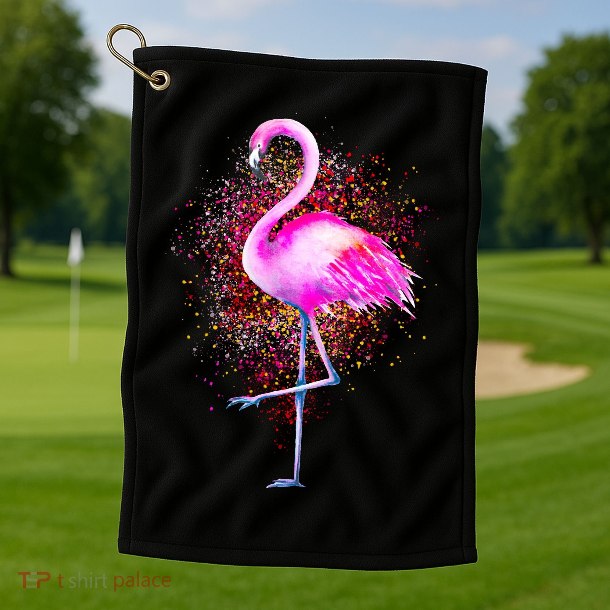 Pink Flamingo Paint Art Golf Towel
