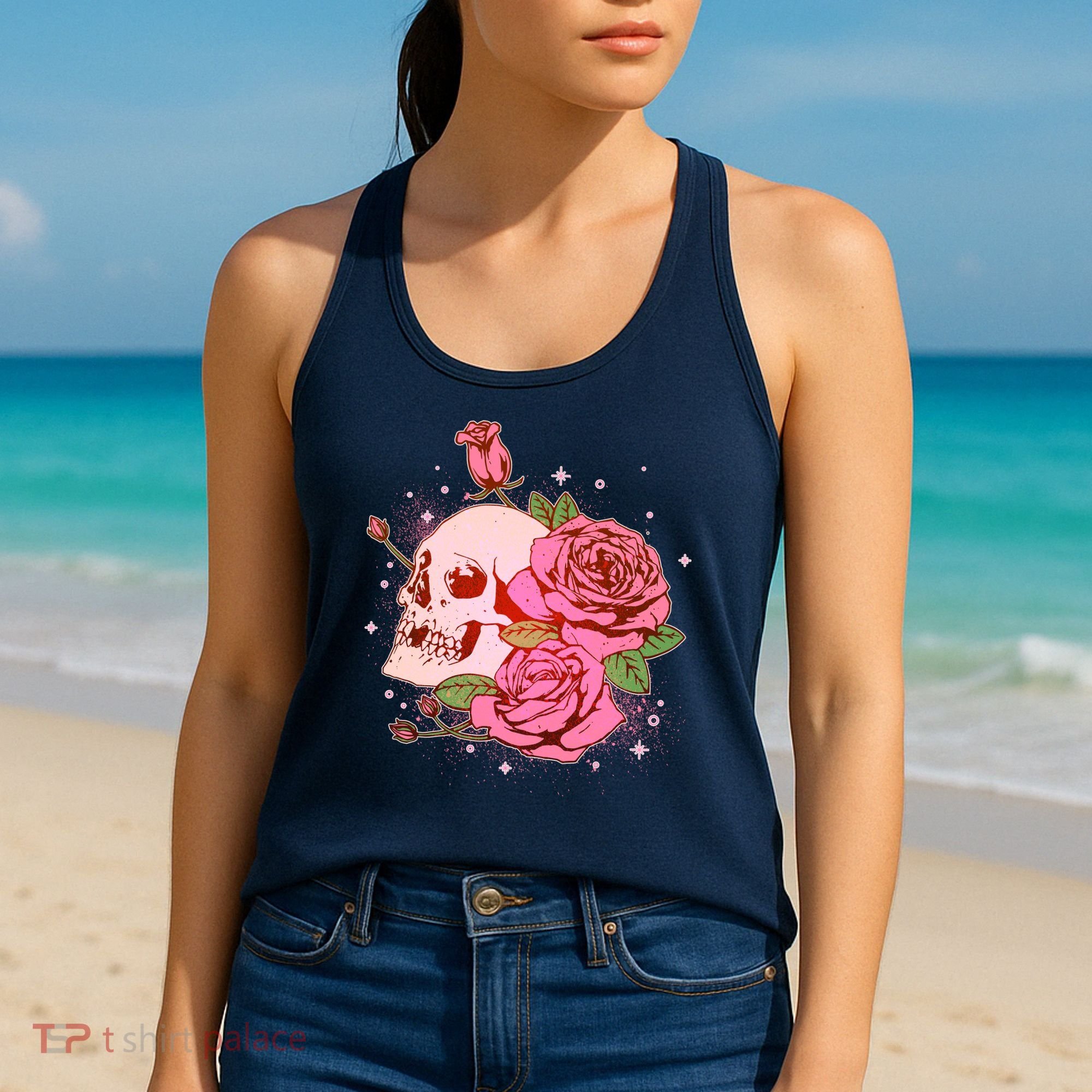Pink Roses Skull Tattoo  Women's Tank Top