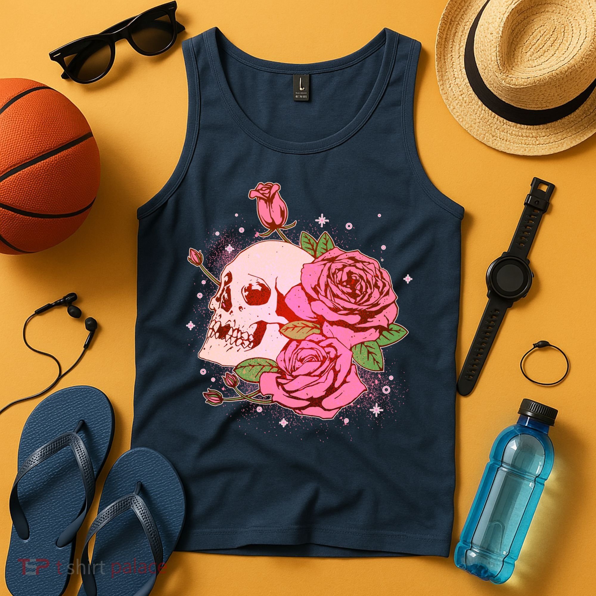Pink Roses Skull Tattoo  Tank Top