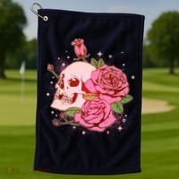 Pink Roses Skull Tattoo  Golf Towel thumb 1