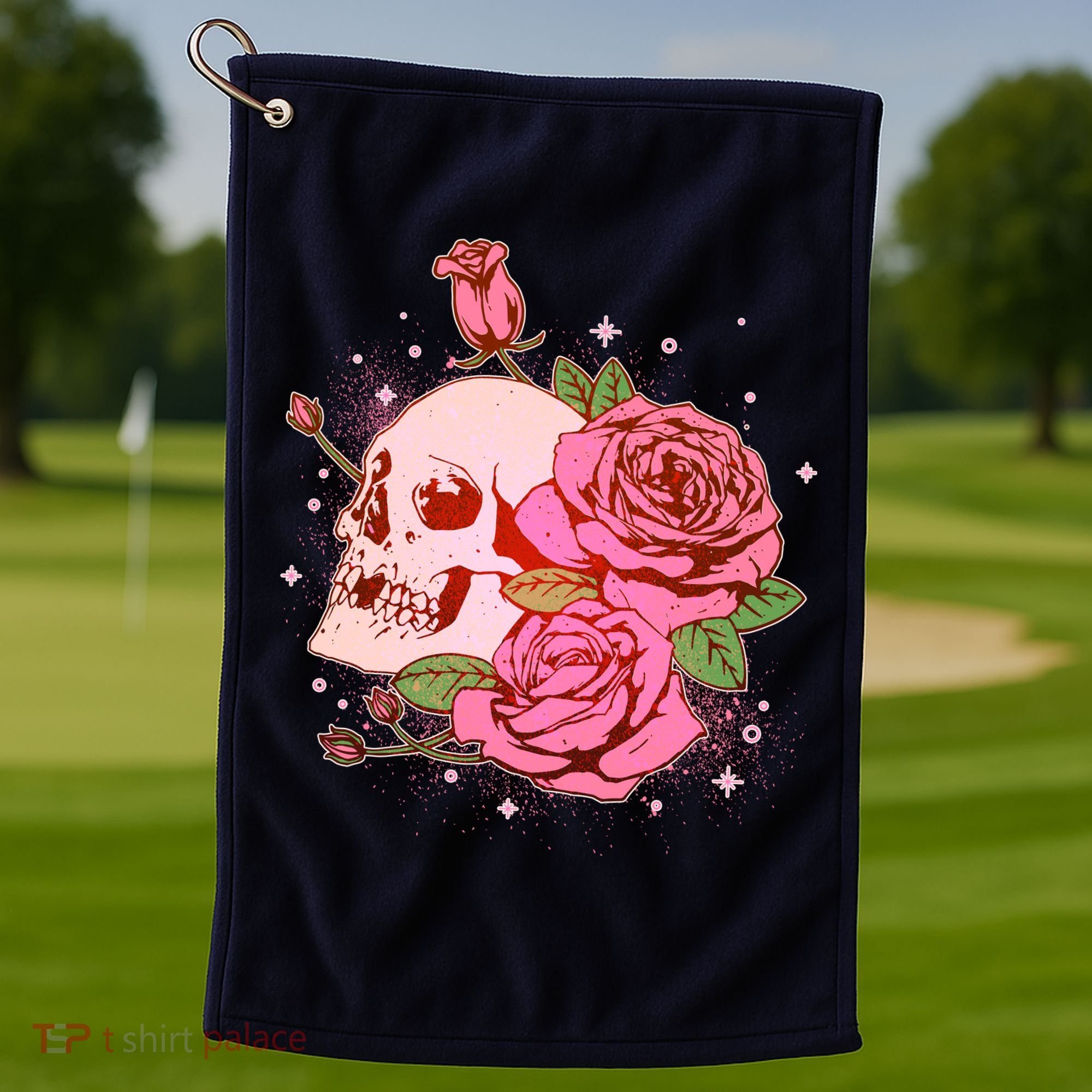 Pink Roses Skull Tattoo  Golf Towel