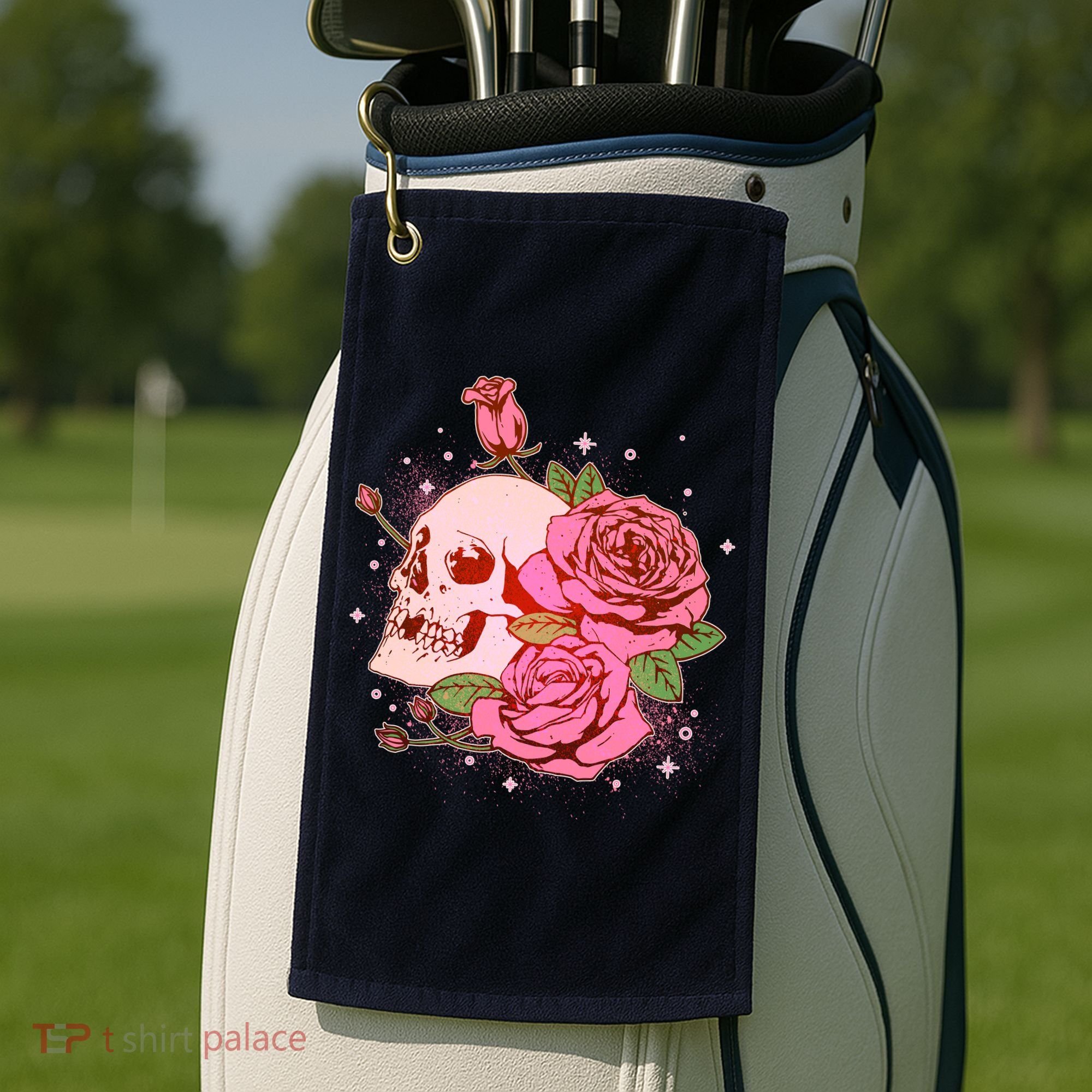 Pink Roses Skull Tattoo  Golf Towel