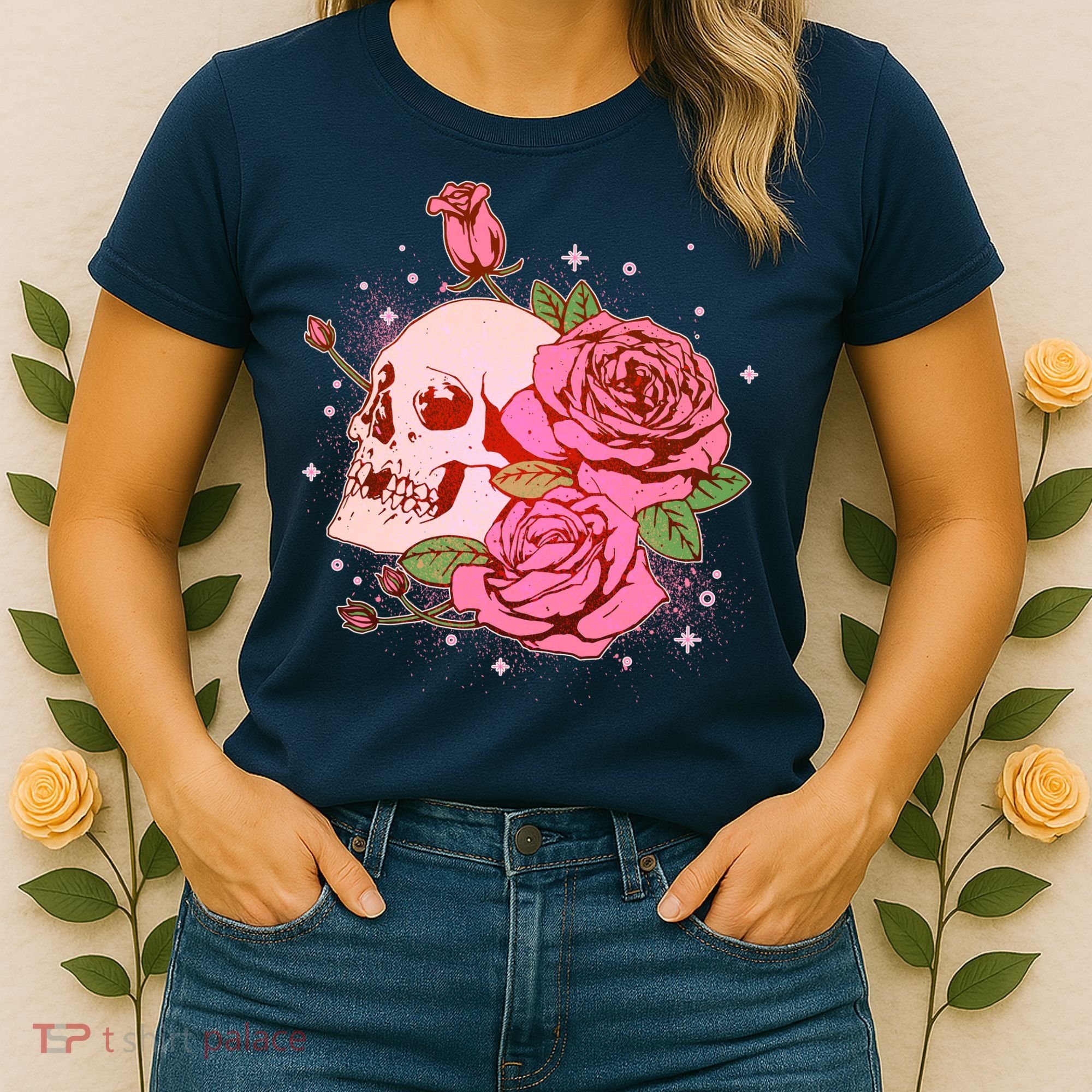 Pink Roses Skull Tattoo  Women's T-Shirt