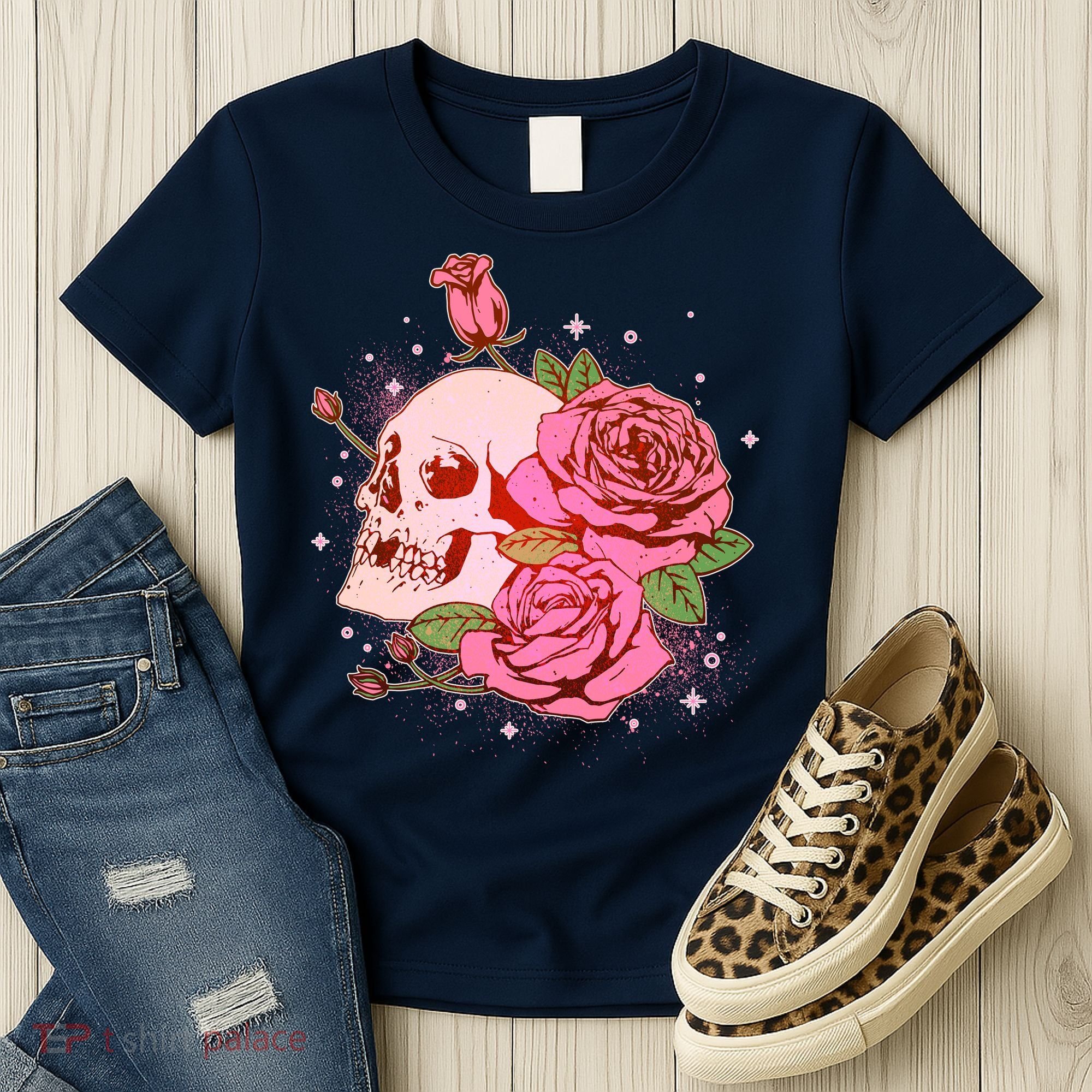 Pink Roses Skull Tattoo  Women's T-Shirt