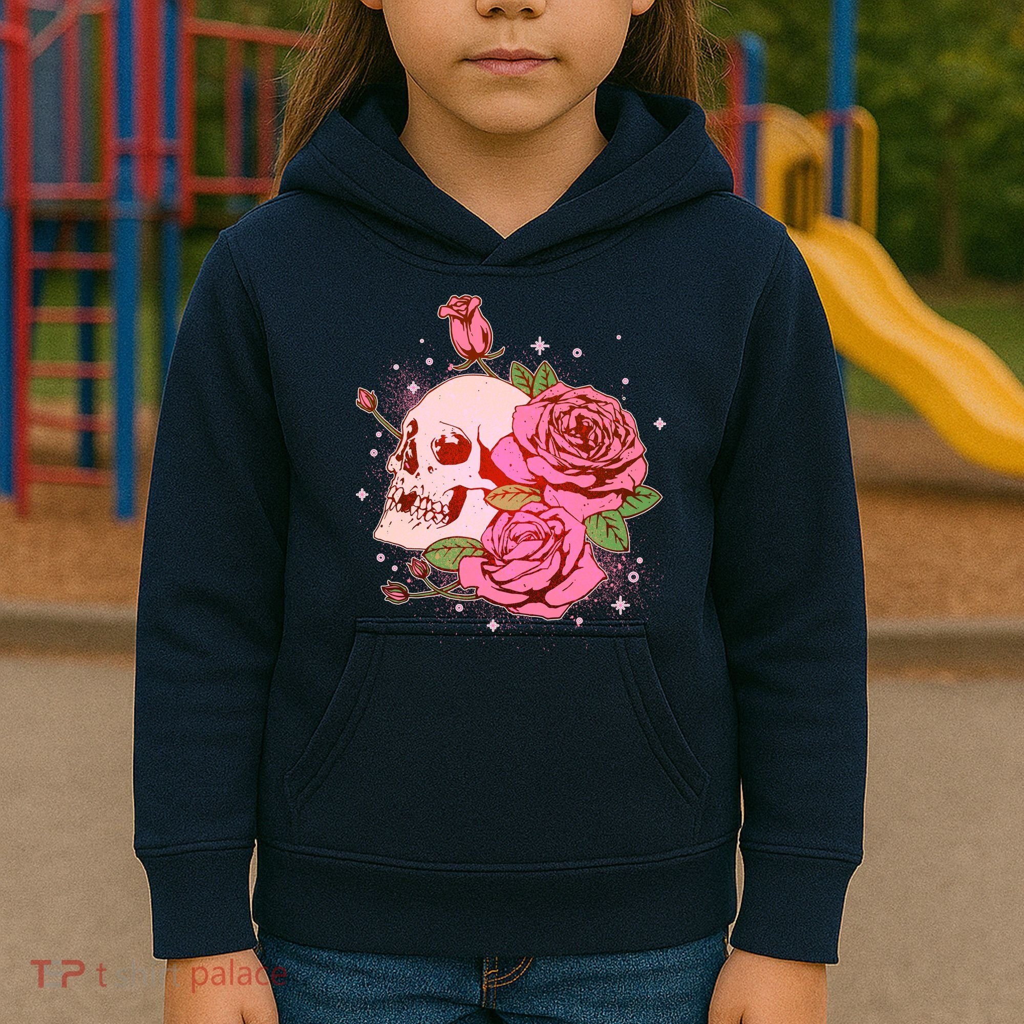 Pink Roses Skull Tattoo  Kids Hoodie