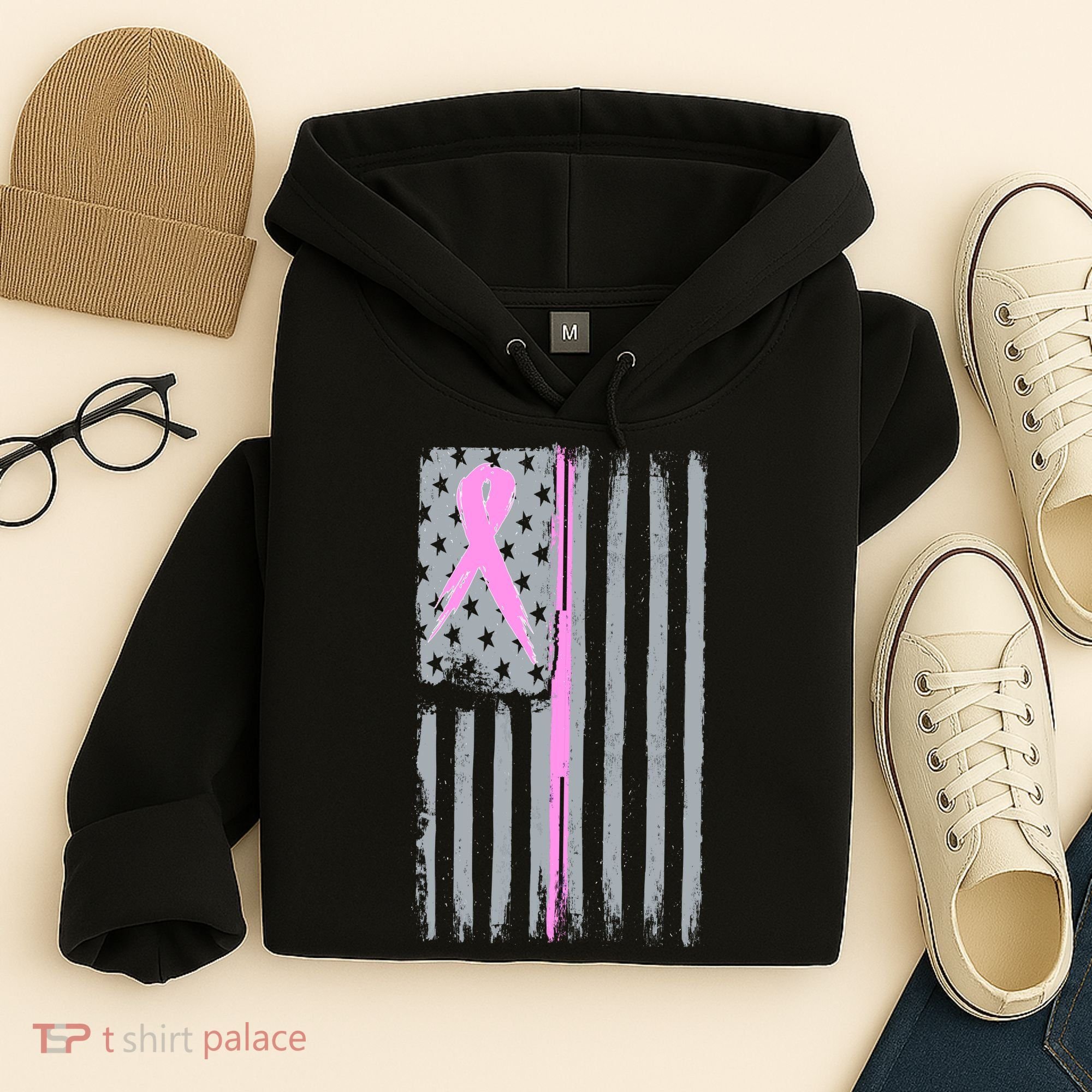 Pink Thin Line Breast Cancer Flag Hoodie