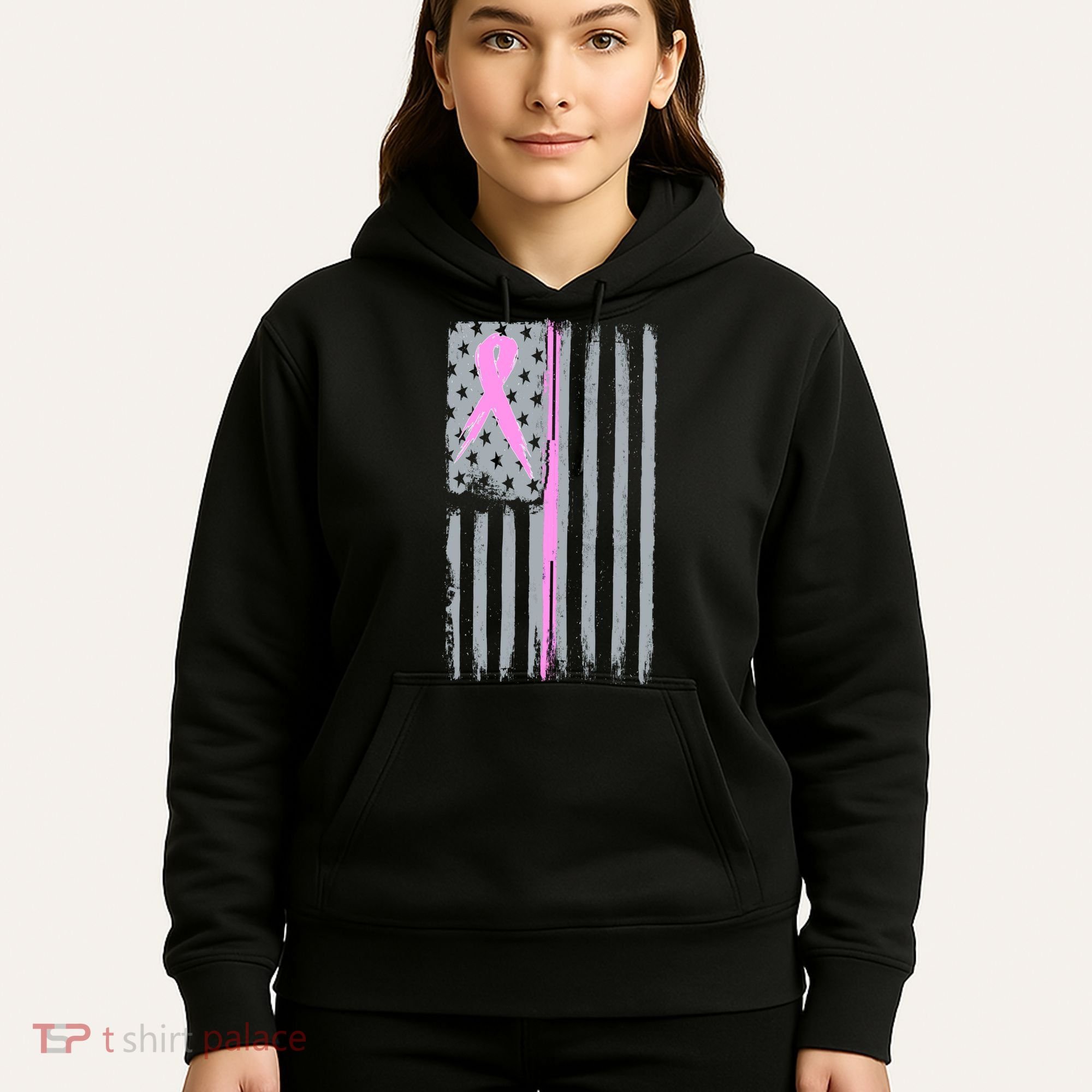 Pink Thin Line Breast Cancer Flag Hoodie