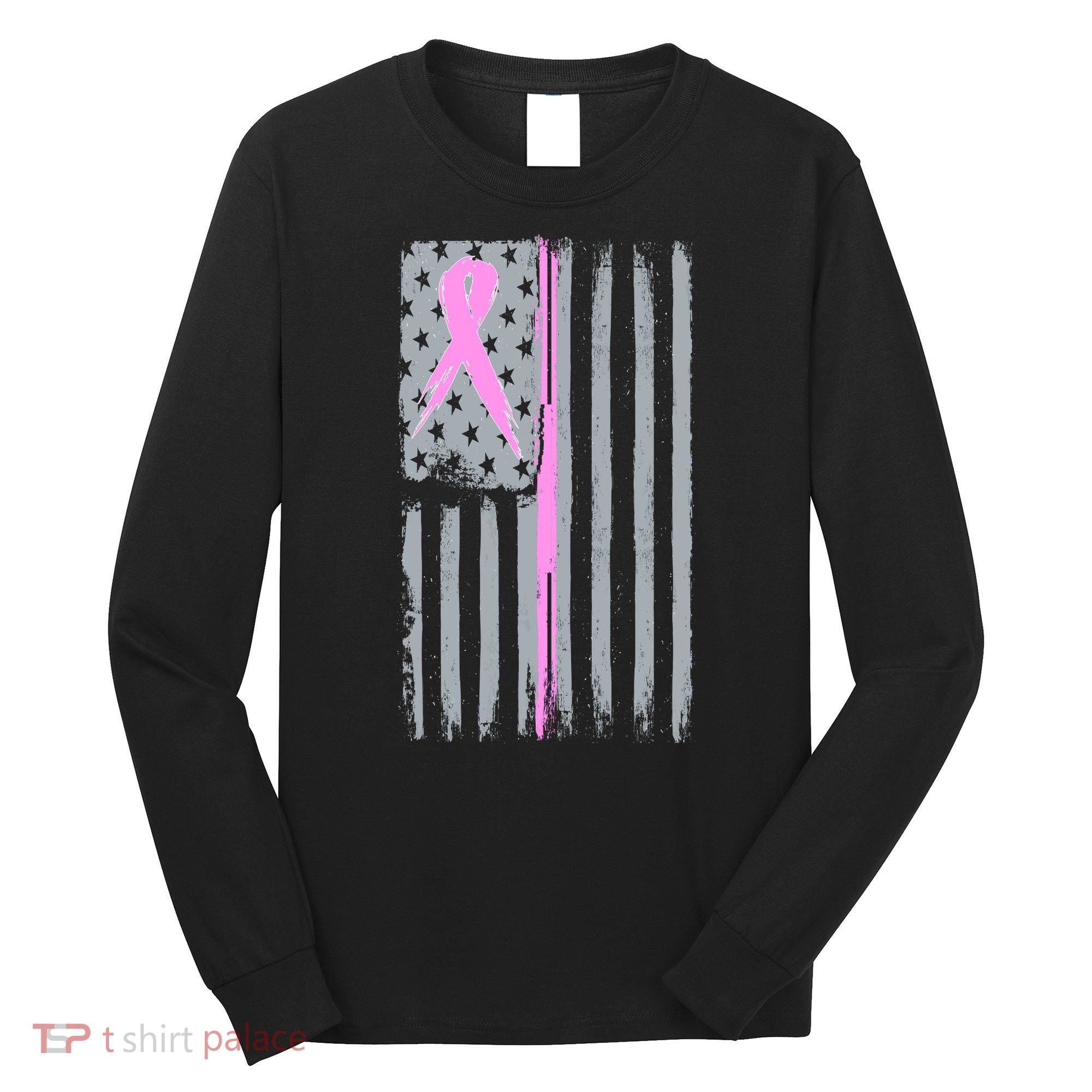 Pink Thin Line Breast Cancer Flag Long Sleeve Shirt