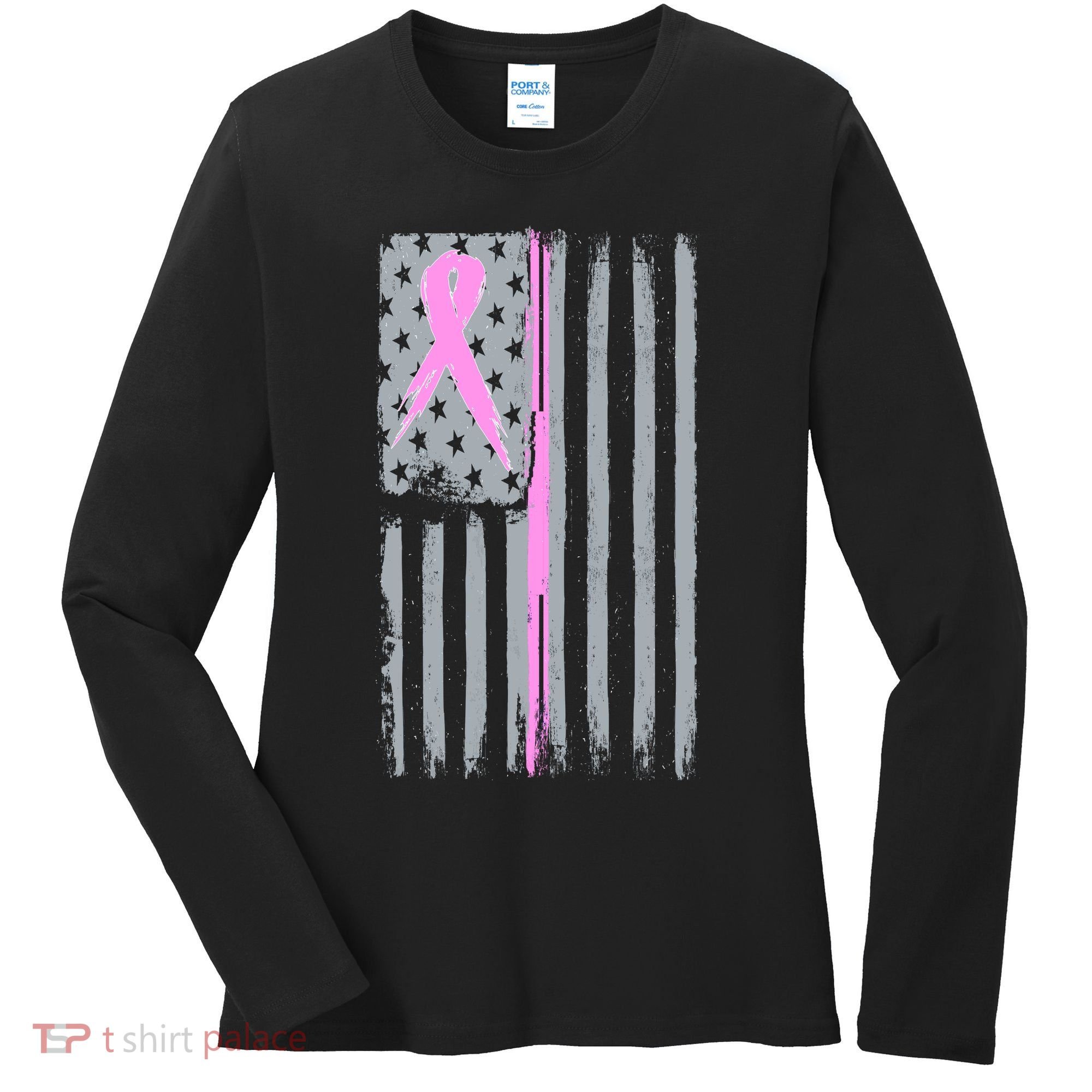 Pink Thin Line Breast Cancer Flag Women's Long Sleeve Shirt