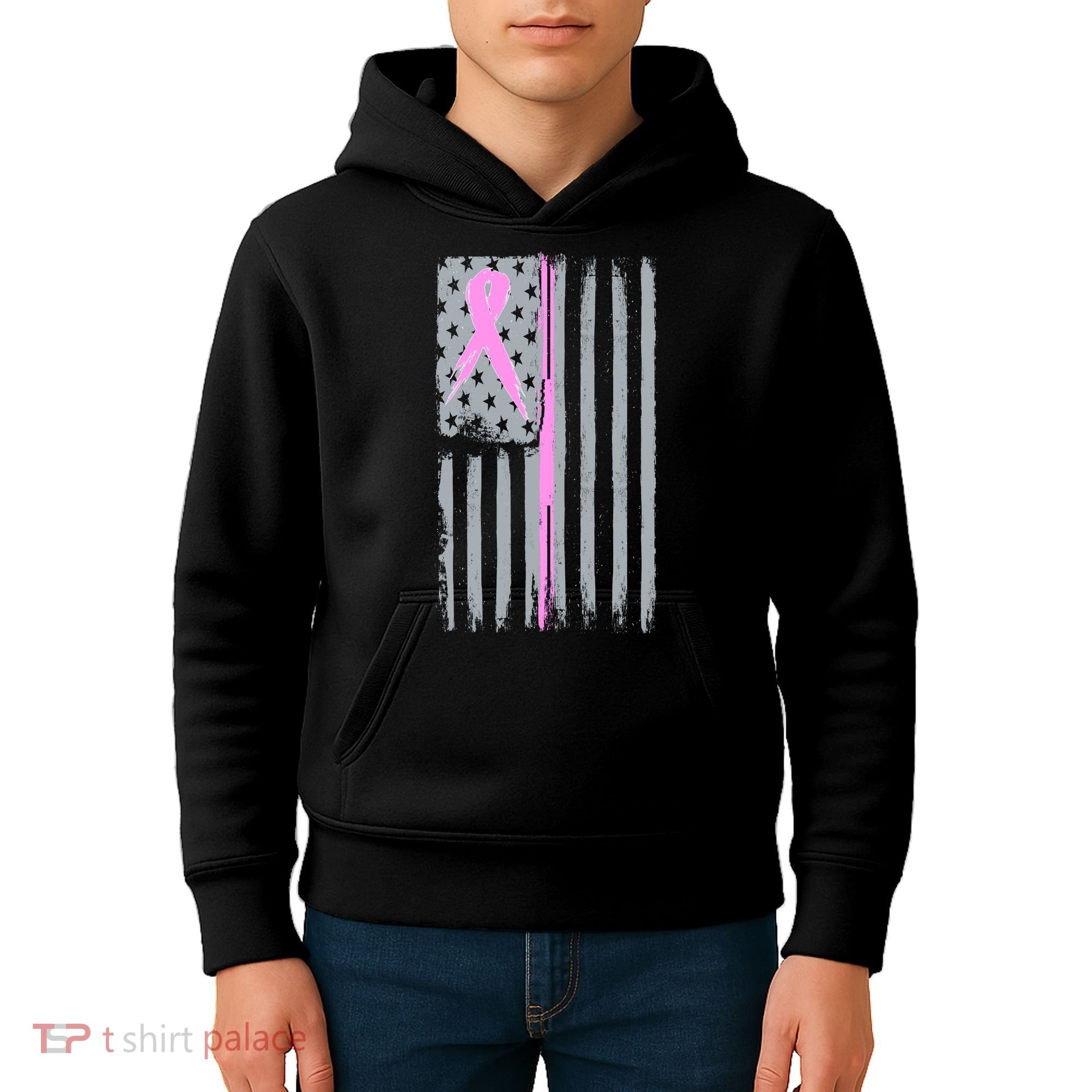 Pink Thin Line Breast Cancer Flag Kids Hoodie