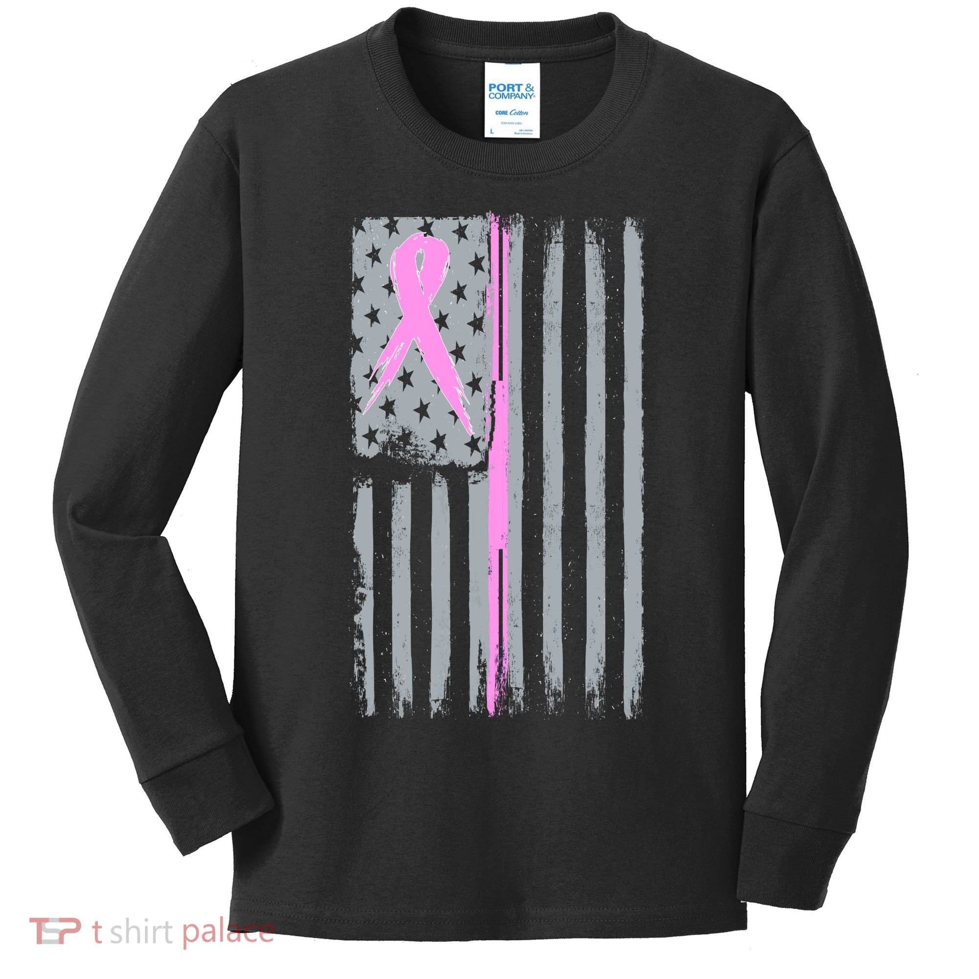Pink Thin Line Breast Cancer Flag Kids Long Sleeve Shirt