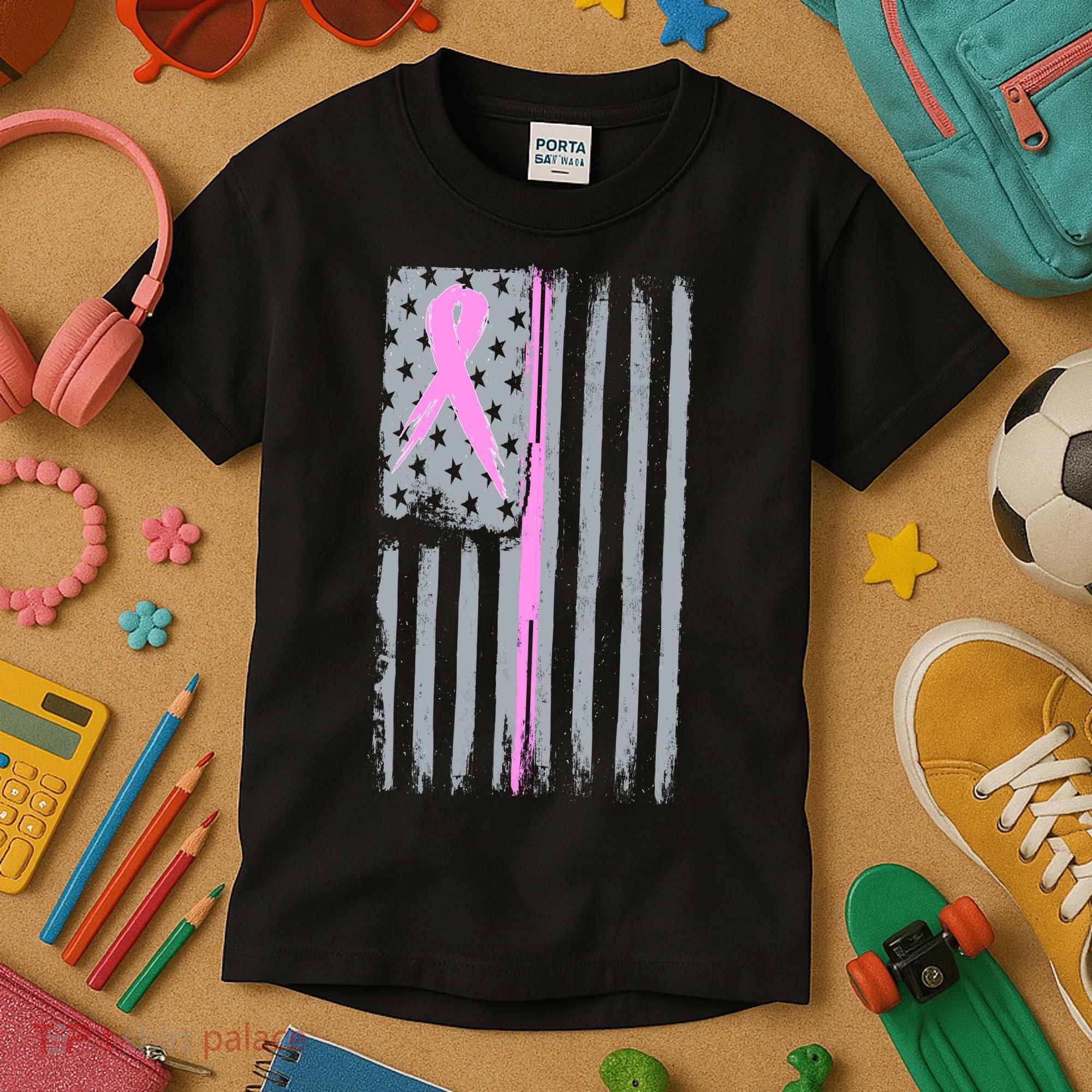 Pink Thin Line Breast Cancer Flag Kids T-Shirt