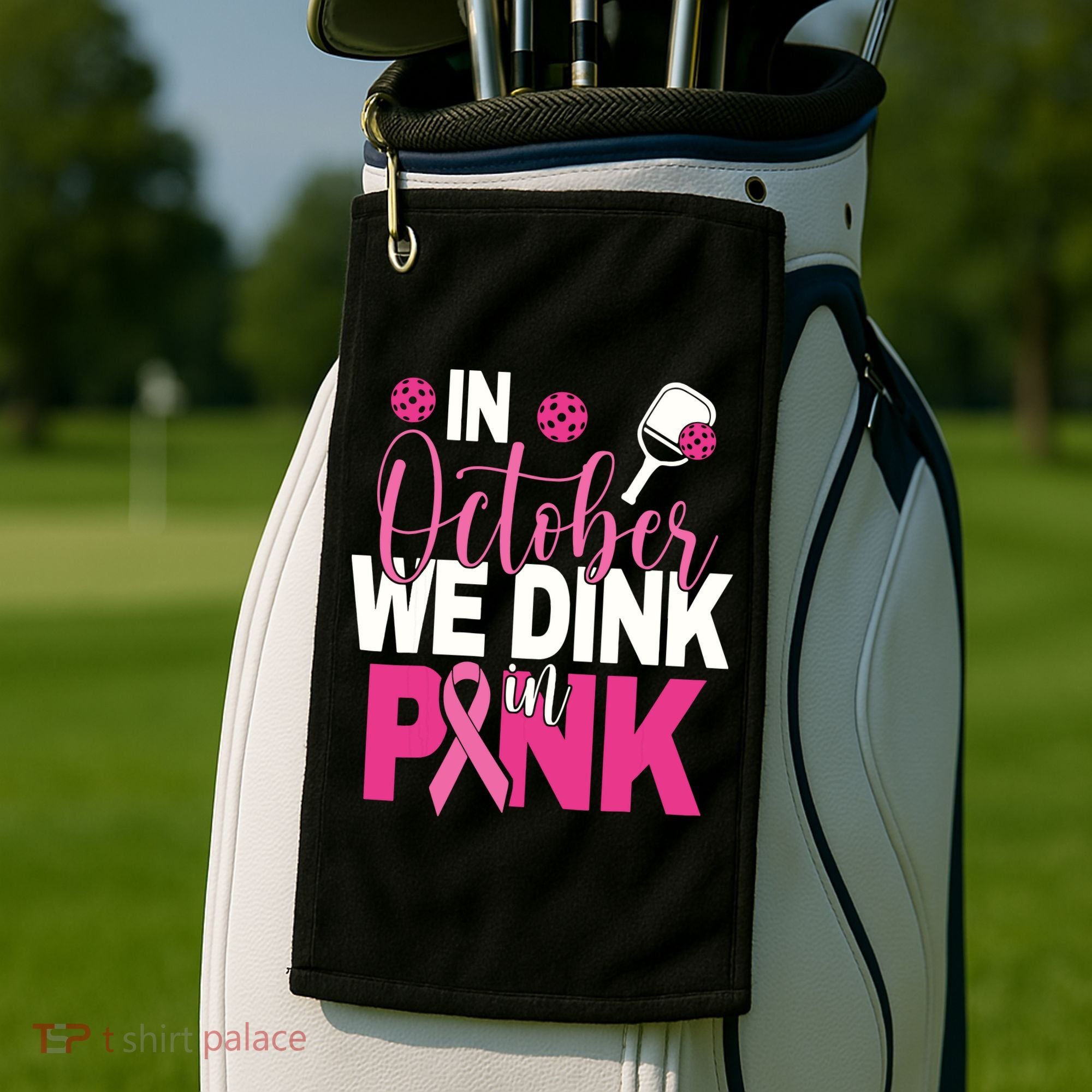 Pickleball In October We Dink In Pink Breast Cancer Golf Towel
