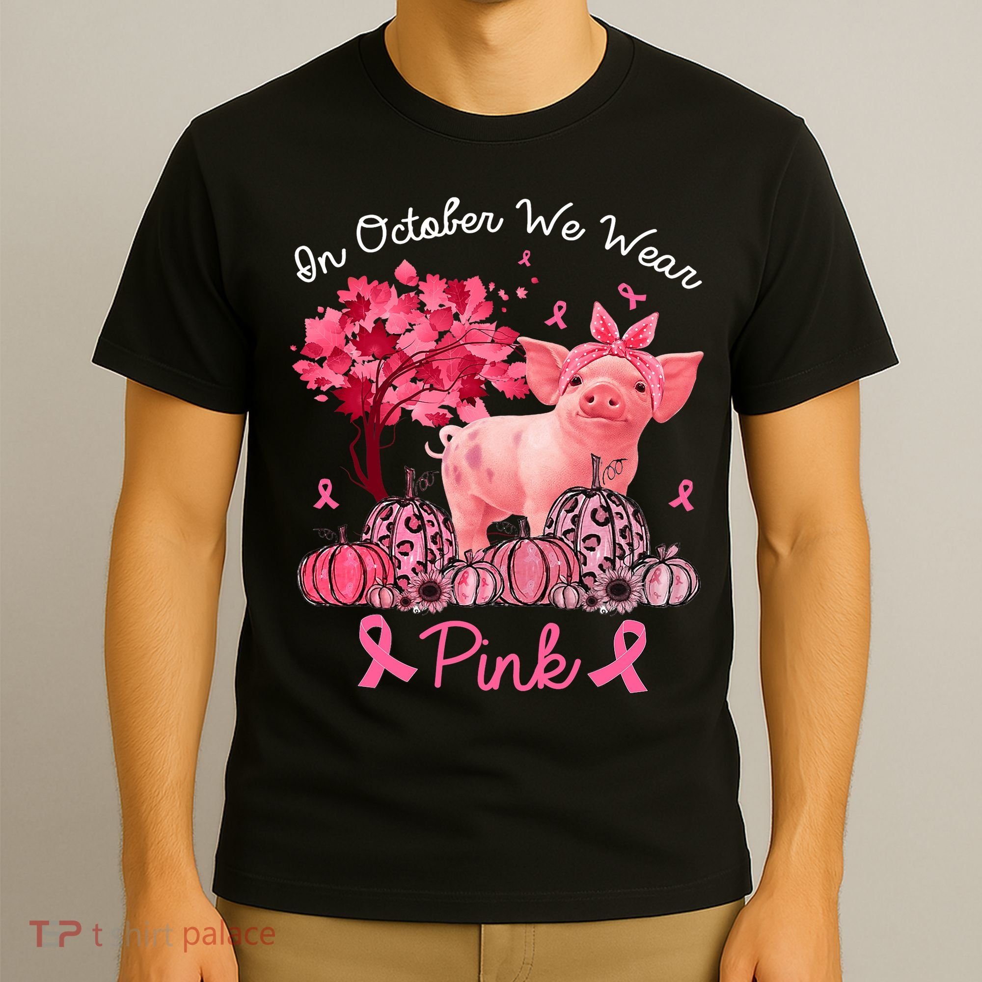 Pig In October We Wear Pink Pumpkin Breast Cancer T-Shirt