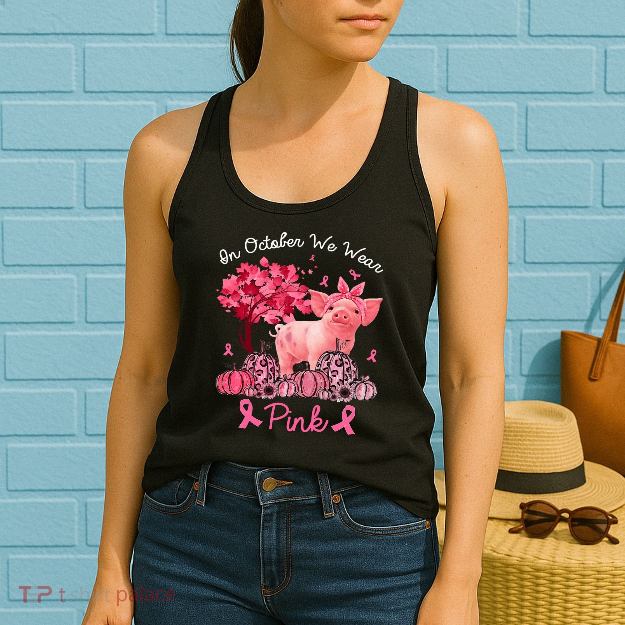 Pig In October We Wear Pink Pumpkin Breast Cancer Women's Tank Top