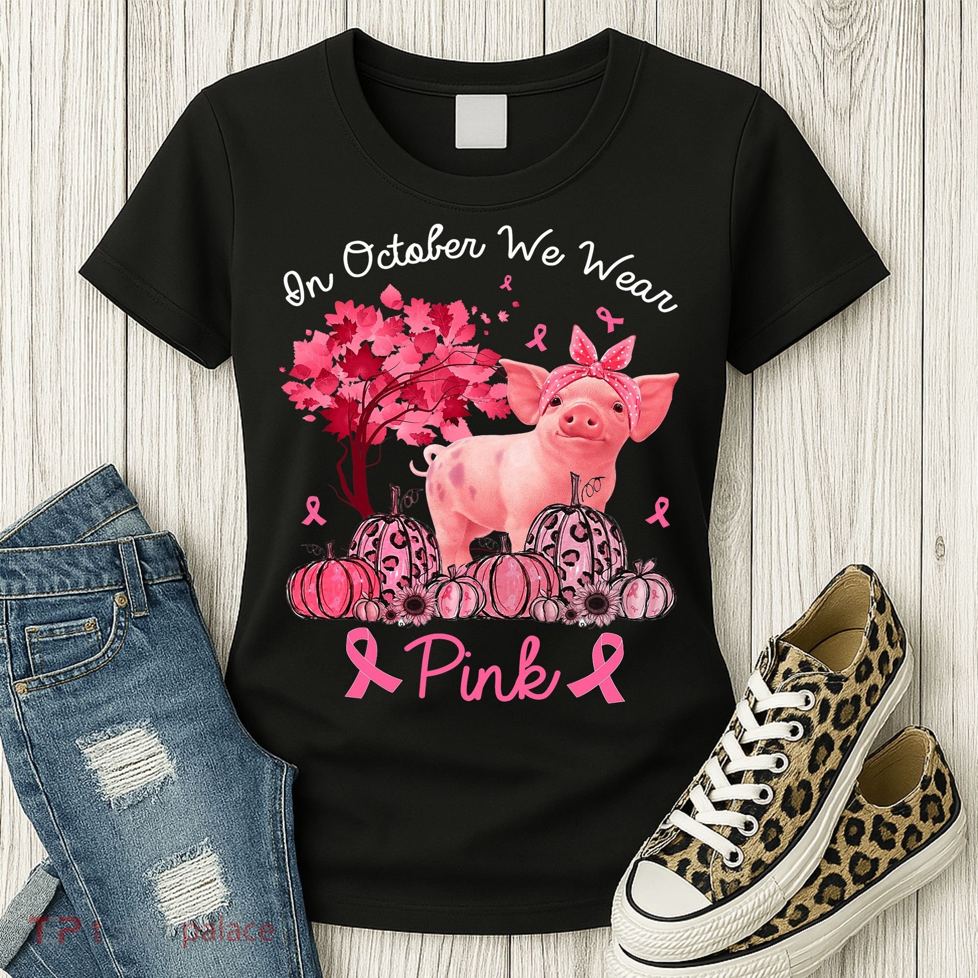 Pig In October We Wear Pink Pumpkin Breast Cancer Women's T-Shirt