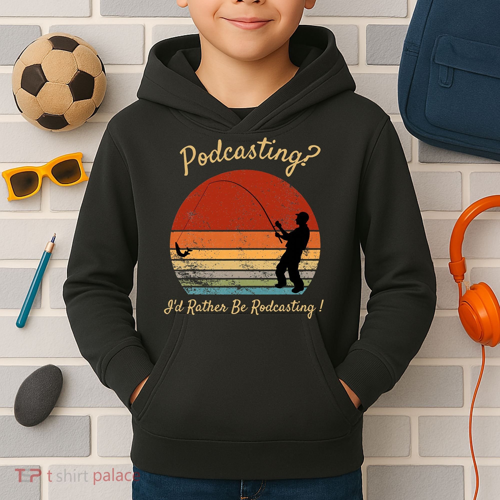 Podcasting I'd Rather Be Rodcasting Funny Fishing Humor Pun Kids Hoodie